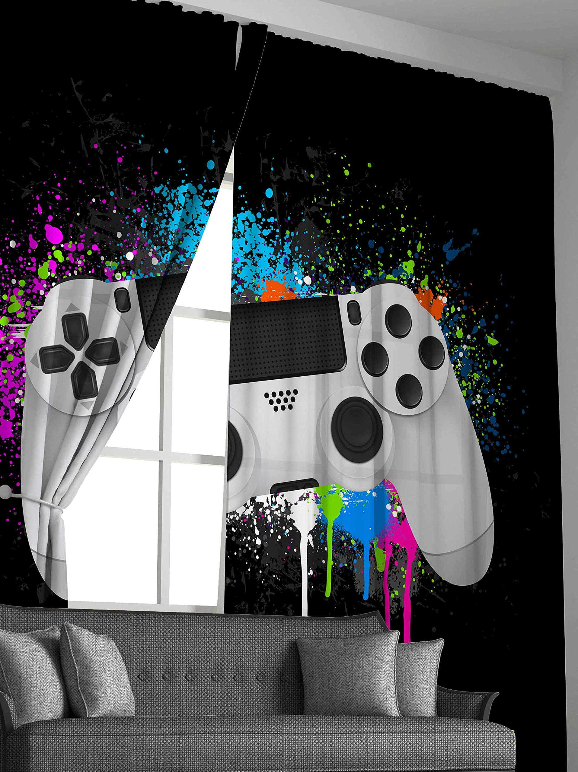 Loussiesd Kids Gamepad Curtains Gamer Window Treatments for Boys Girls Childre White Video Game Controller Window Drapes Teens Colorful Tie Dye Window Curtain Black Room Decor W66*L72 - Image 4