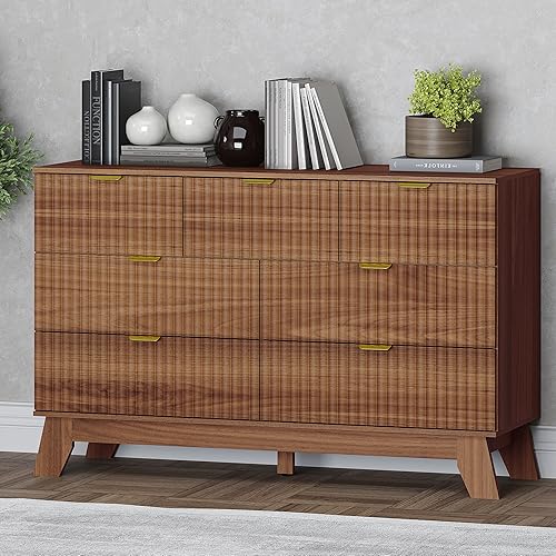Miniatura 11 de Cómoda de 8 cajones con diseño acanalado, cómoda de 47.2" de ancho con 4 cajones modernos de estilo bohemio, cómoda de almacenamiento de madera