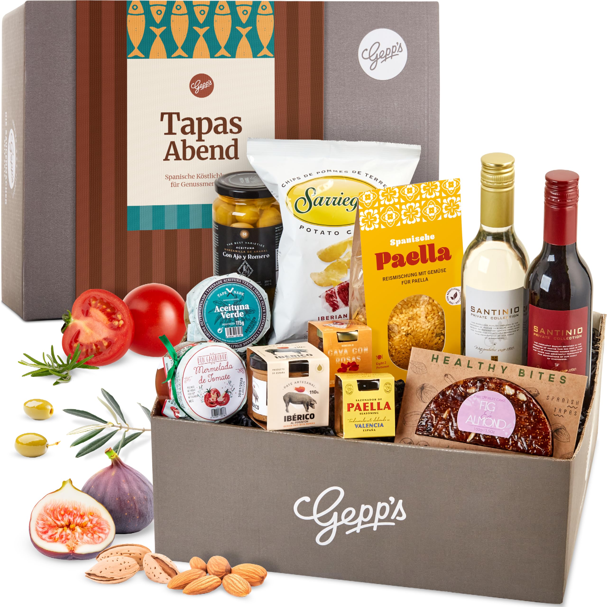 Gepp’s Feinkost Geschenkkorb Spanien I Präsentkorb mit spanischen Spezialitäten wie Paella-Gewürzmischung, Oliven, Brot & Wein I Tapas-Geschenkset I Feines Delikatessen Geschenk für Männer & Frauen