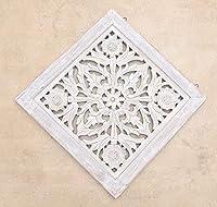 Vista 3 de DharmaObjects Decoración de panel de pared de madera de loto hecho a mano, arte colgante de 16 x 16 pulgadas (blanco lavado)