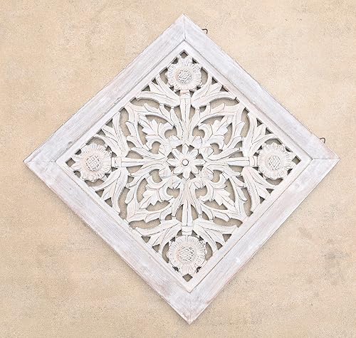 Miniatura 3 de DharmaObjects Decoración de panel de pared de madera de loto hecho a mano, arte colgante de 16 x 16 pulgadas (blanco lavado)