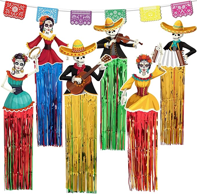 7Pcs Day of The Dead Decorations Sugar Skull Hanging Decor - Dia De Los Muertos Papel Picado Banner Mexican for Halloween Party Home Outdoor Decoration