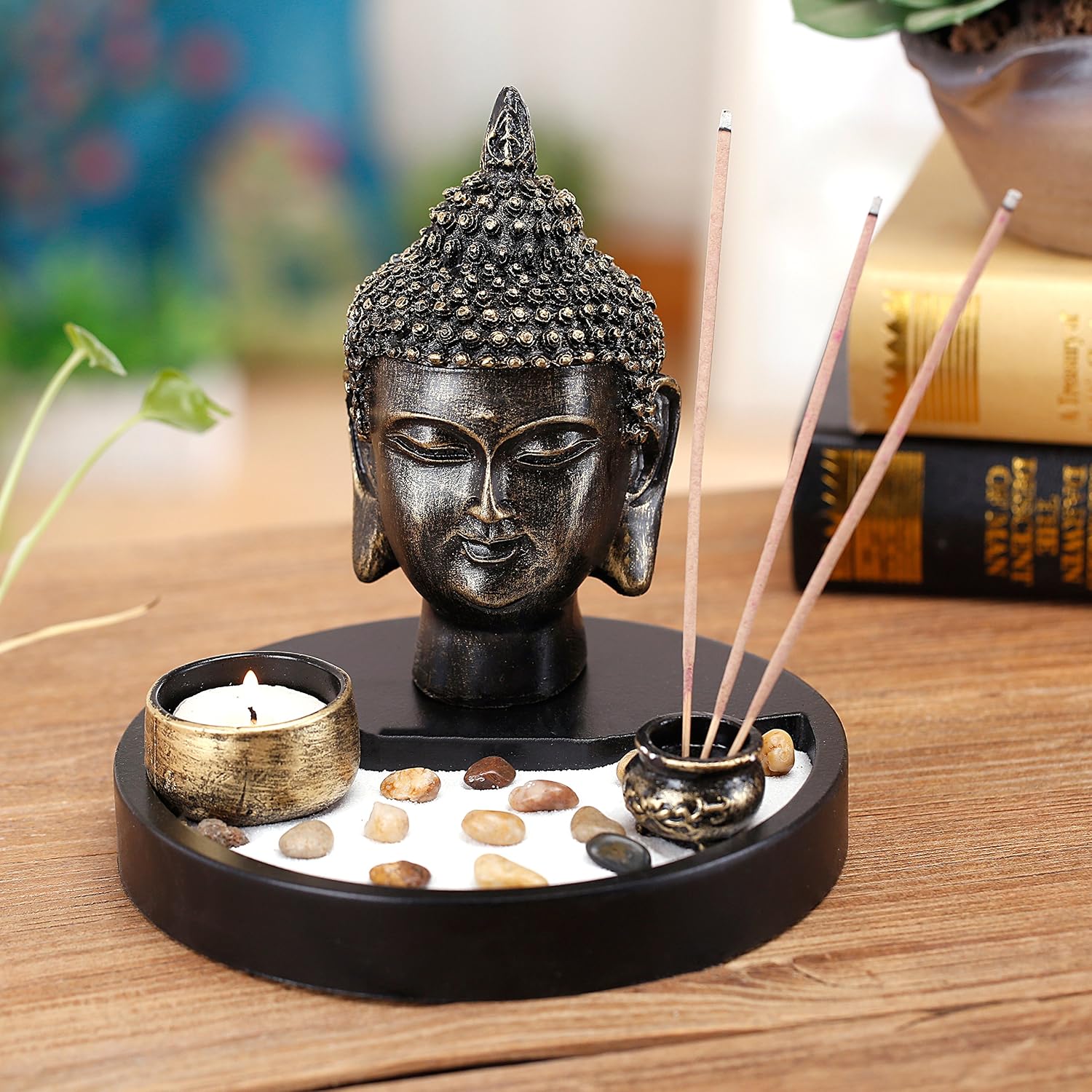 MyGift Mini Zen Garden Kit, Buddha Head Statue Tabletop Zen Garden Kit with Incense Burner and Tealight Candle Holder