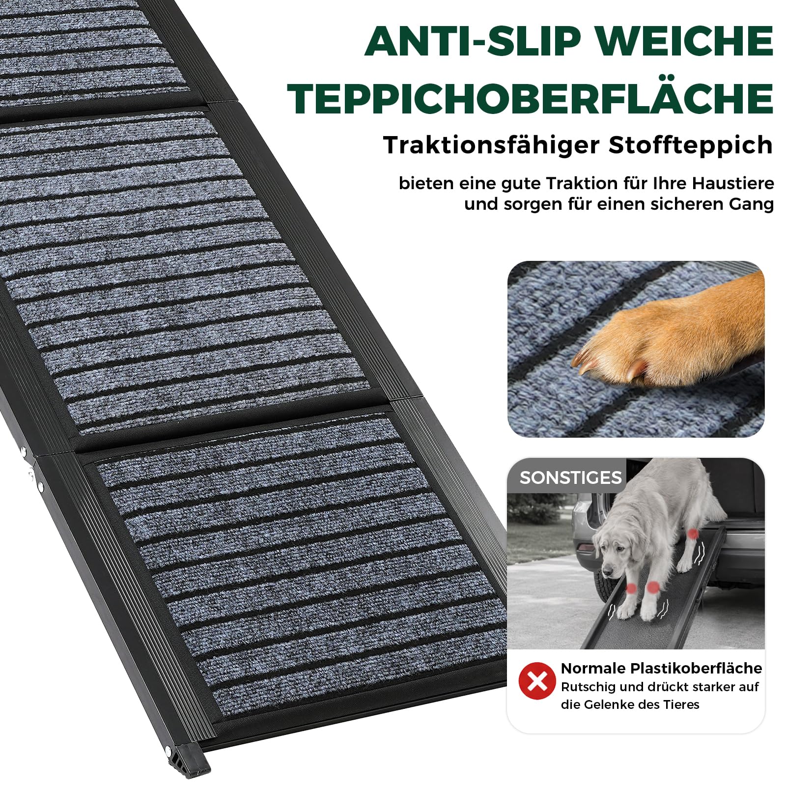 170 cm Extra Lange Hunderampe Auto Klappbar, rutschfeste Hundetreppe Auto mit Griffiger Teppichoberfläche, Stabile Aluminiumrampe für Große und Mittelgroße Hunde bis 110 kg, für SUV, Auto und LKW