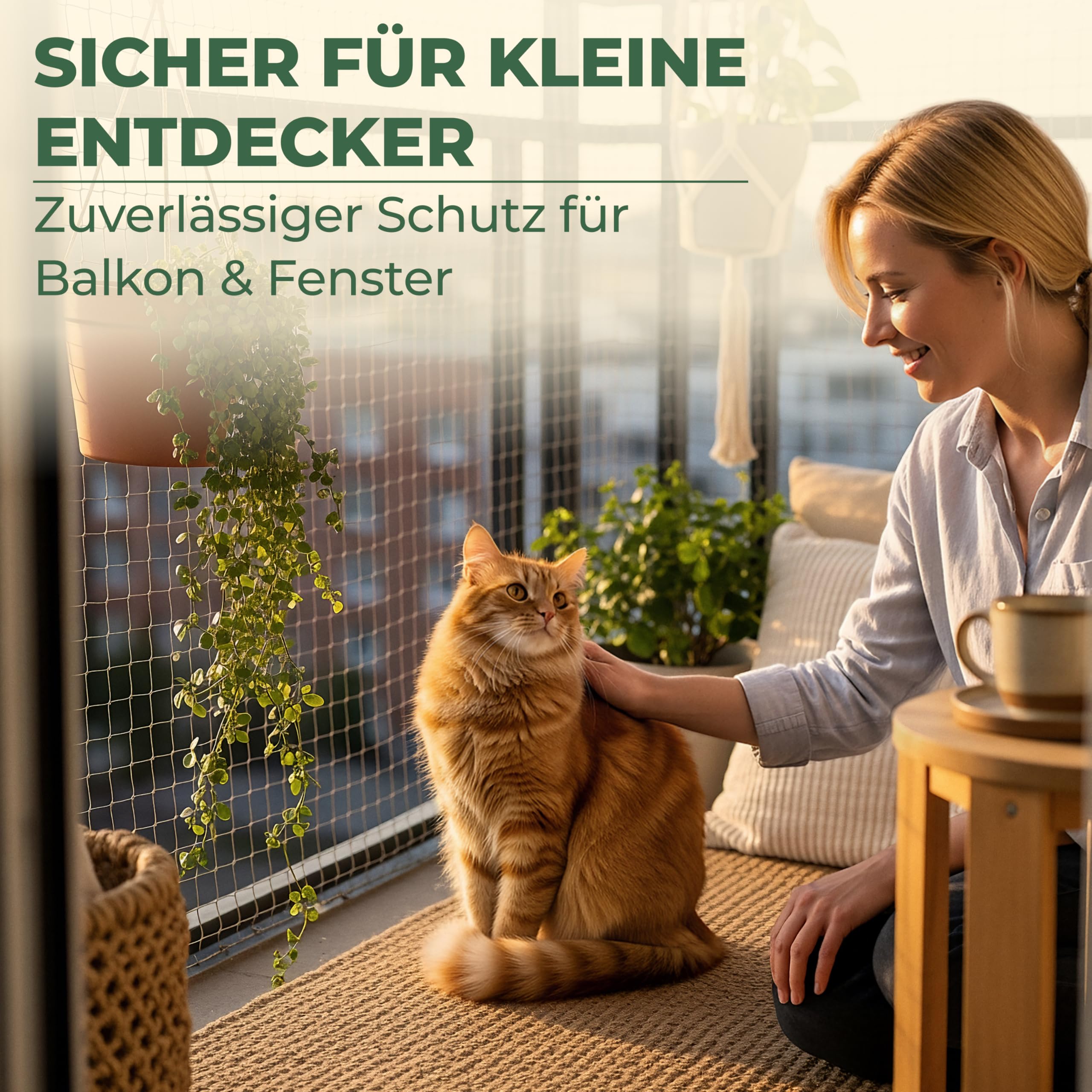 WOOWOOD Katzennetz für Balkon [Ohne Bohren] - Katzennetz Drahtverstärkt - Katzenschutznetz Wetterfest & UV-beständig - Katzengitter Inkl. 20 Kabelbinder & Dübel - Katzennetz Balkon und Fenster (4X3m)