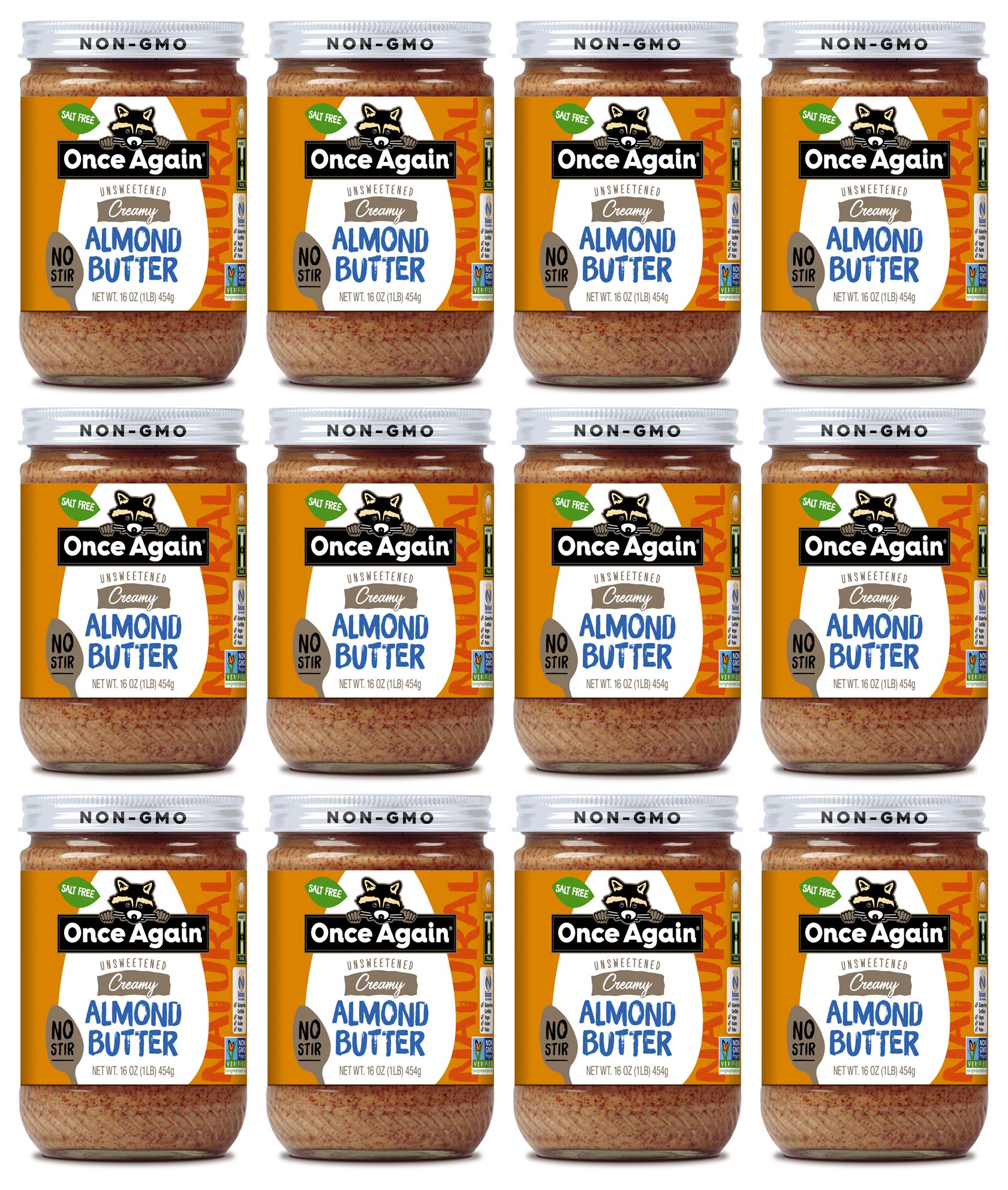 Once Again Natural Creamy Almond Butter, 16oz - American Classic, No Stir - Salt Free, Unsweetened - Gluten Free Certified, Peanut Free, Vegan, Kosher, Paleo - Glass Jar (12 Pack)