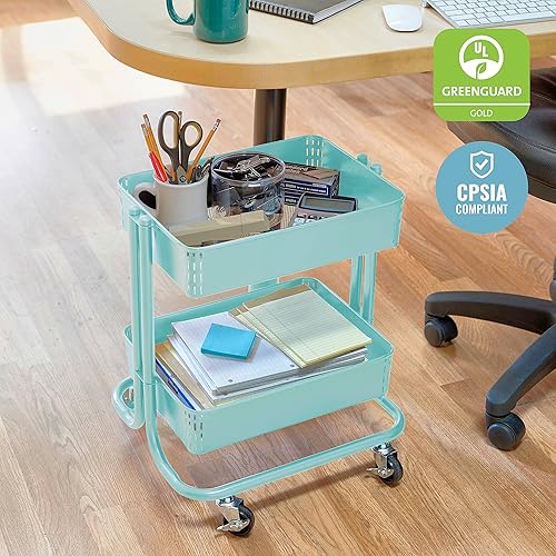 Miniatura 4 de ECR4Kids Carrito utilitario de metal de 2 niveles, almacenamiento de oficina debajo del escritorio, organizador móvil multiusos, verde azulado