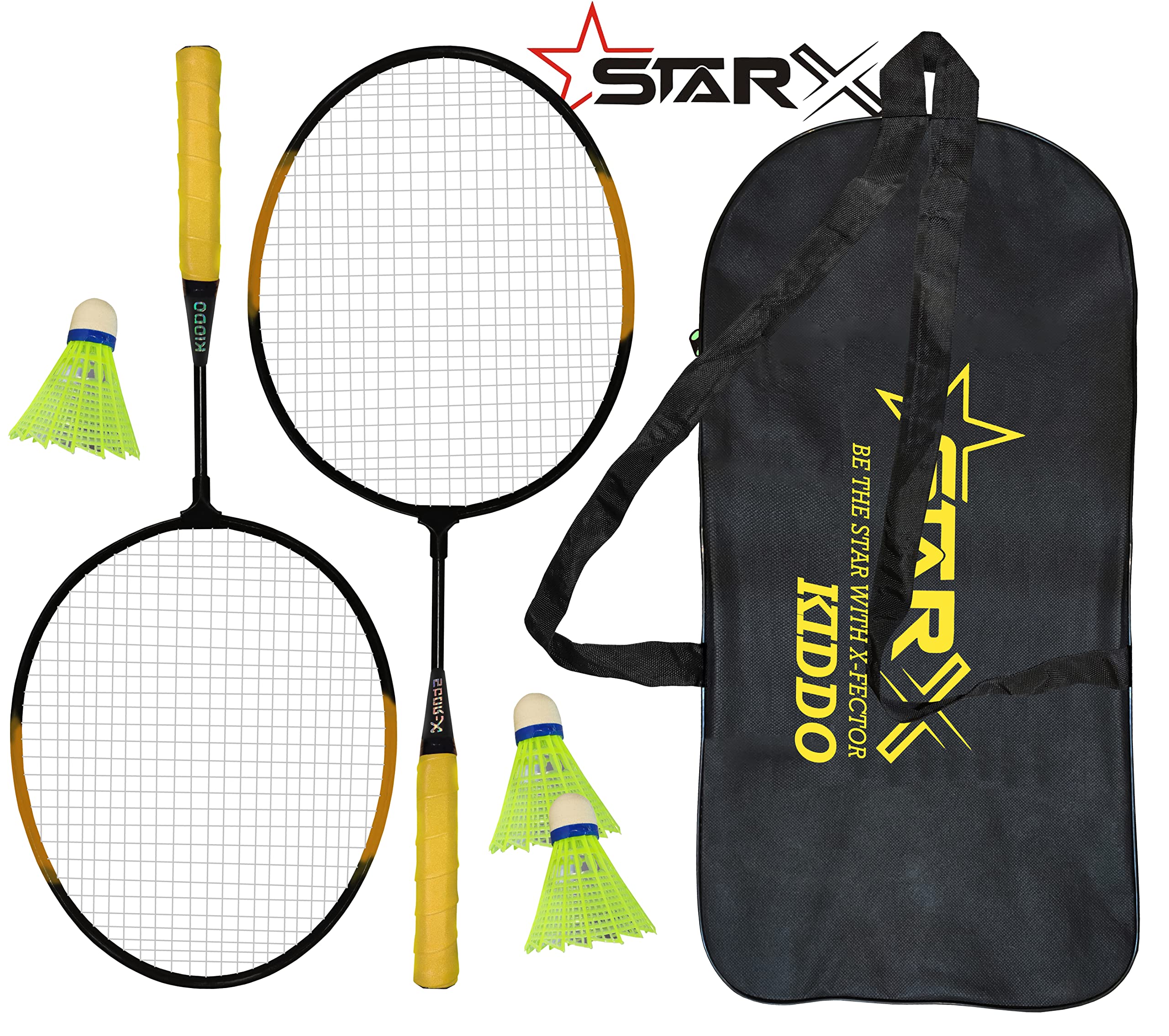 StarX Kiddo Aluminum Badminton Racket Kit with 3 Corks and Cover - Badminton Complete Kit for Kids (Black Yellow)