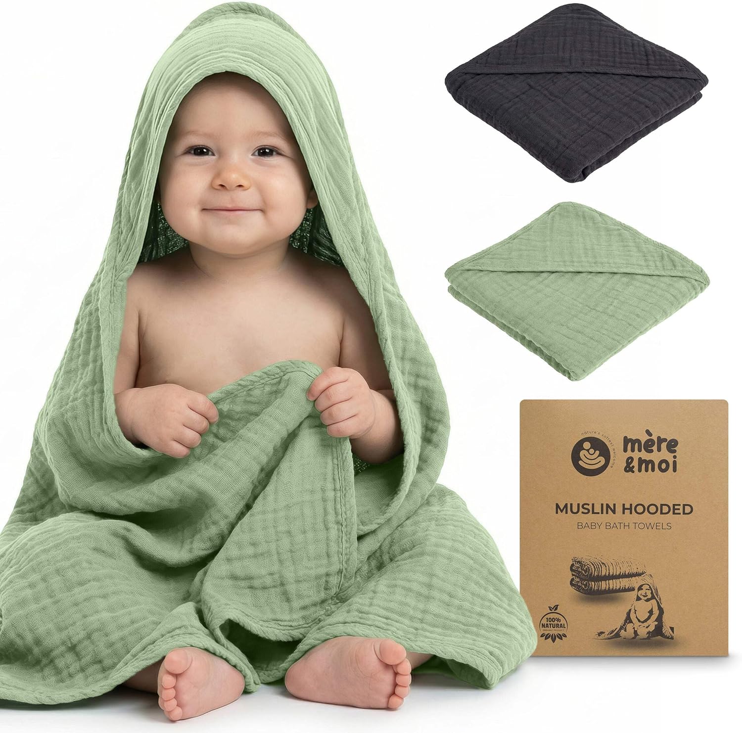 Mère & Moi Muslin Hooded Baby Bath Towel – 100% Cotton, Ultra Soft & Absorbent, Quick-Dry Newborn & Infant Bath Wrap with Hood, Gentle on Sensitive Skin, Oeko-TEX Certified - 2 Pack (White and White)