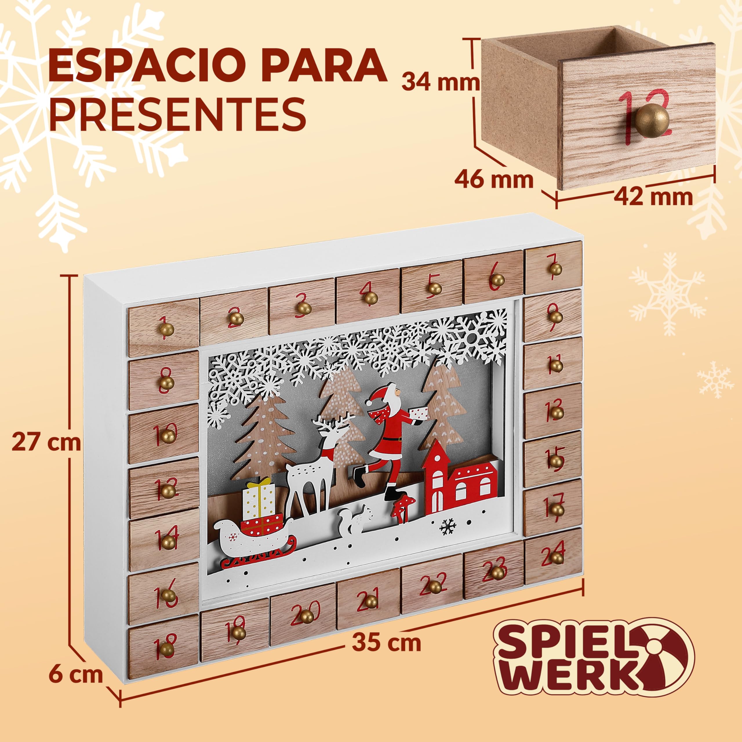 Spielwerk® Calendario de Adviento Madera Navidad Luces LED 24 Cajones Adorno para Rellenar Decoración Navideña 2025
