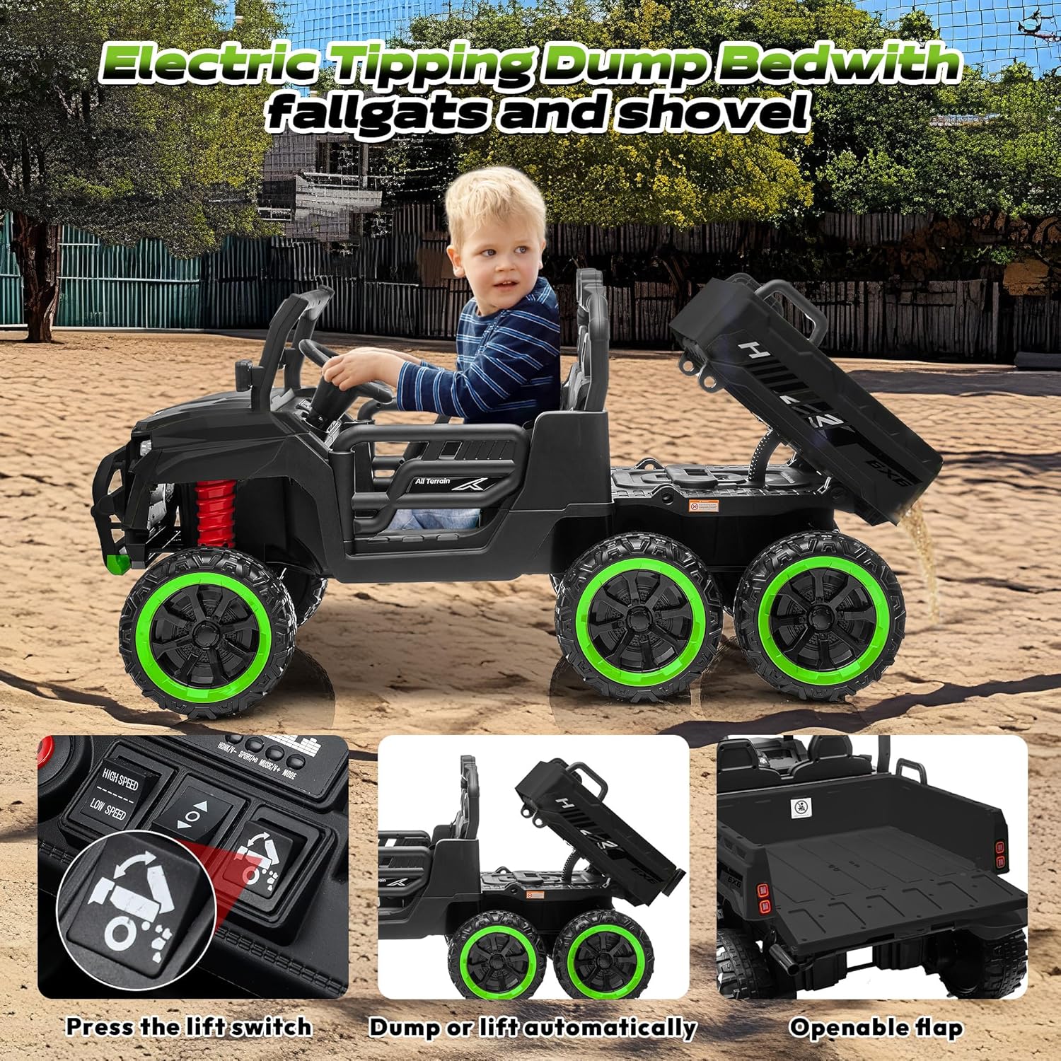 24V Ride on Toys, 2 Seater Dump Truck Car for Kids 4-8, 4WD 6-Wheel Electric UTV Car with Remote Control, ASTM/CPSIA Certified, Electric Dump Bed, Spring Suspension, Toy Shovel, Music