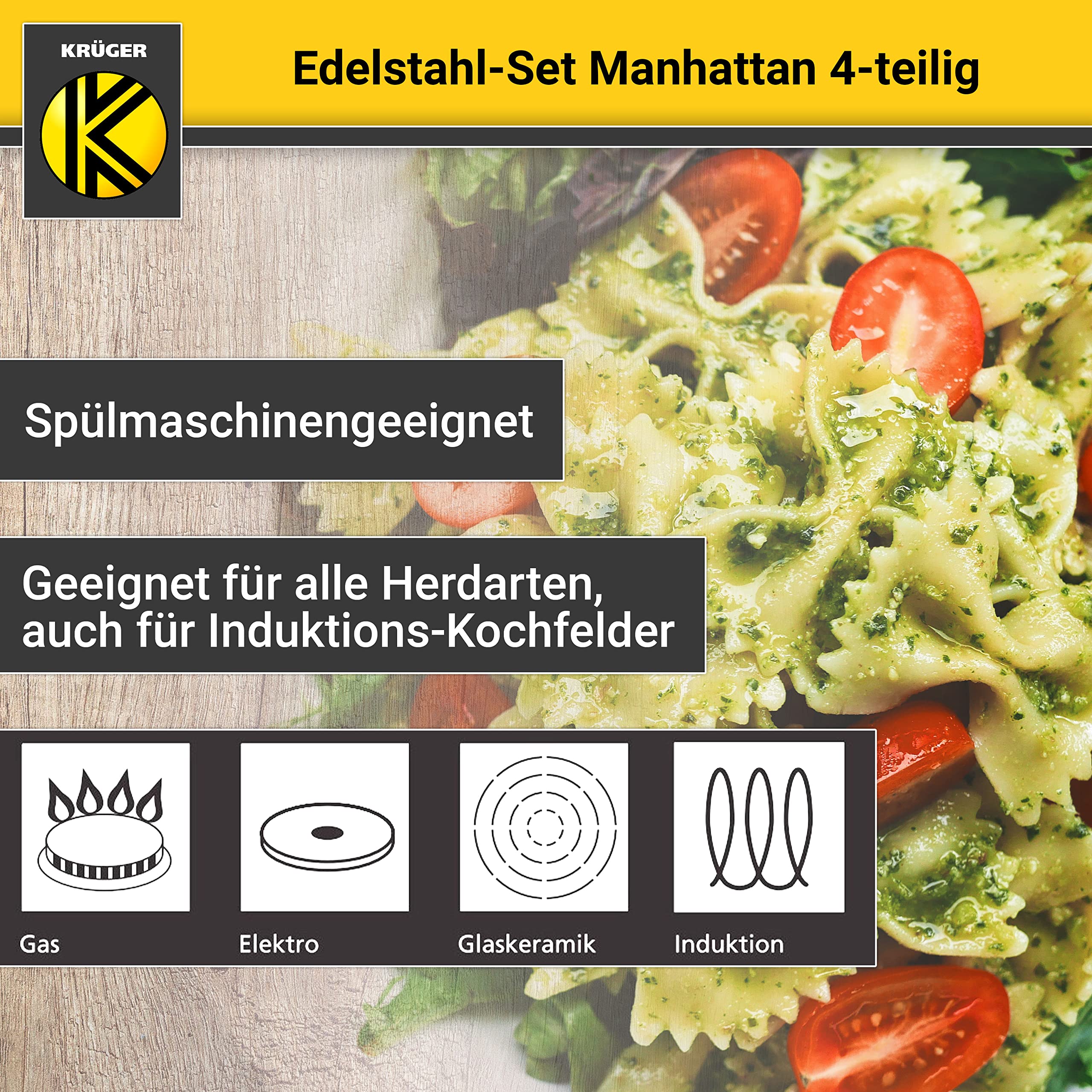 Krüger Edelstahl Topfset Manhattan 4-teilig|3 Töpfe mit Deckel & Stieltopf