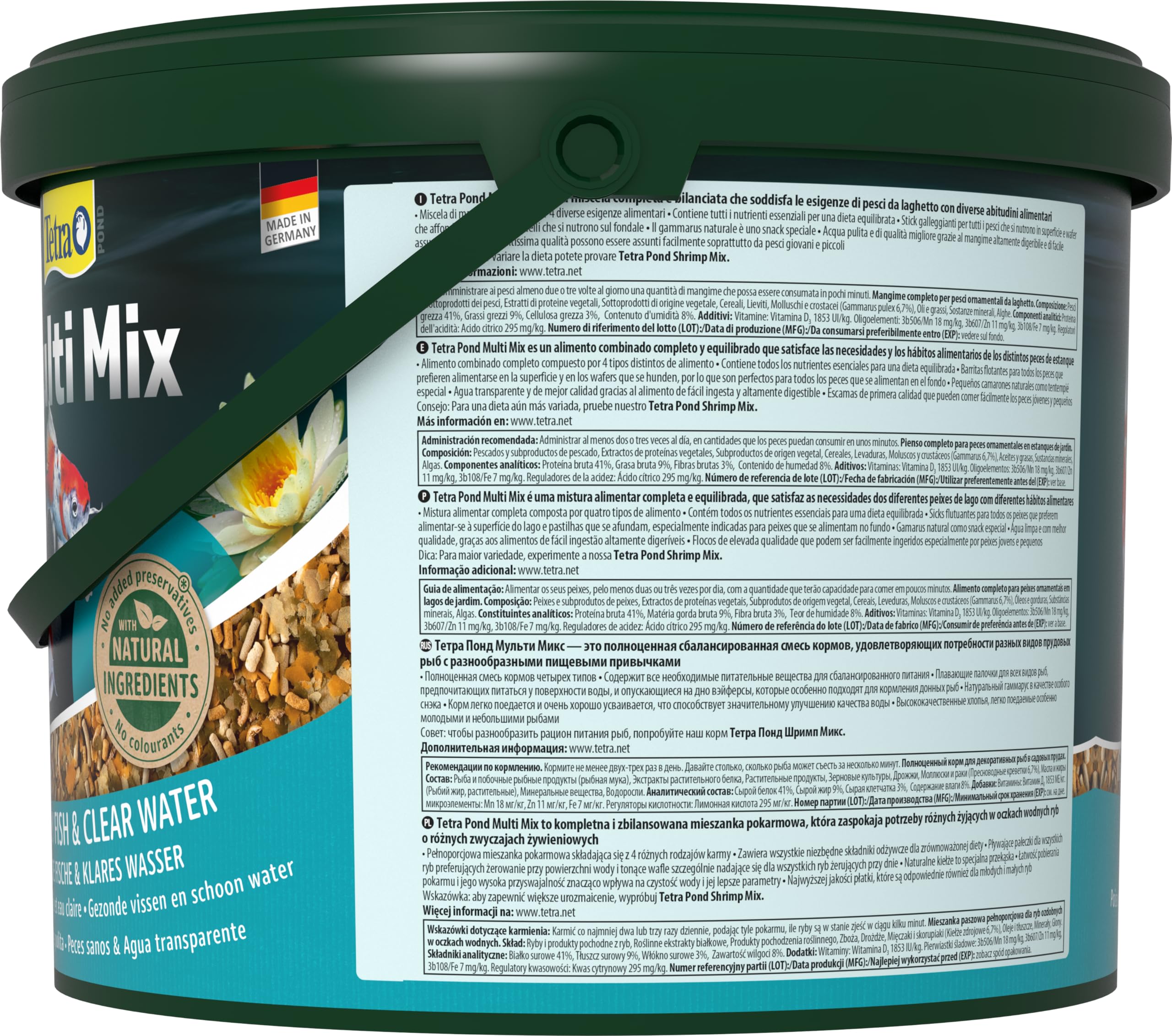 Tetra Pond Multi Mix - Fischfutter für gemischten Besatz im Teich, enthält vier verschiedenen Futtersorten (Flockenfutter, Futtersticks, Gammarus, Wafer), 10 L Eimer