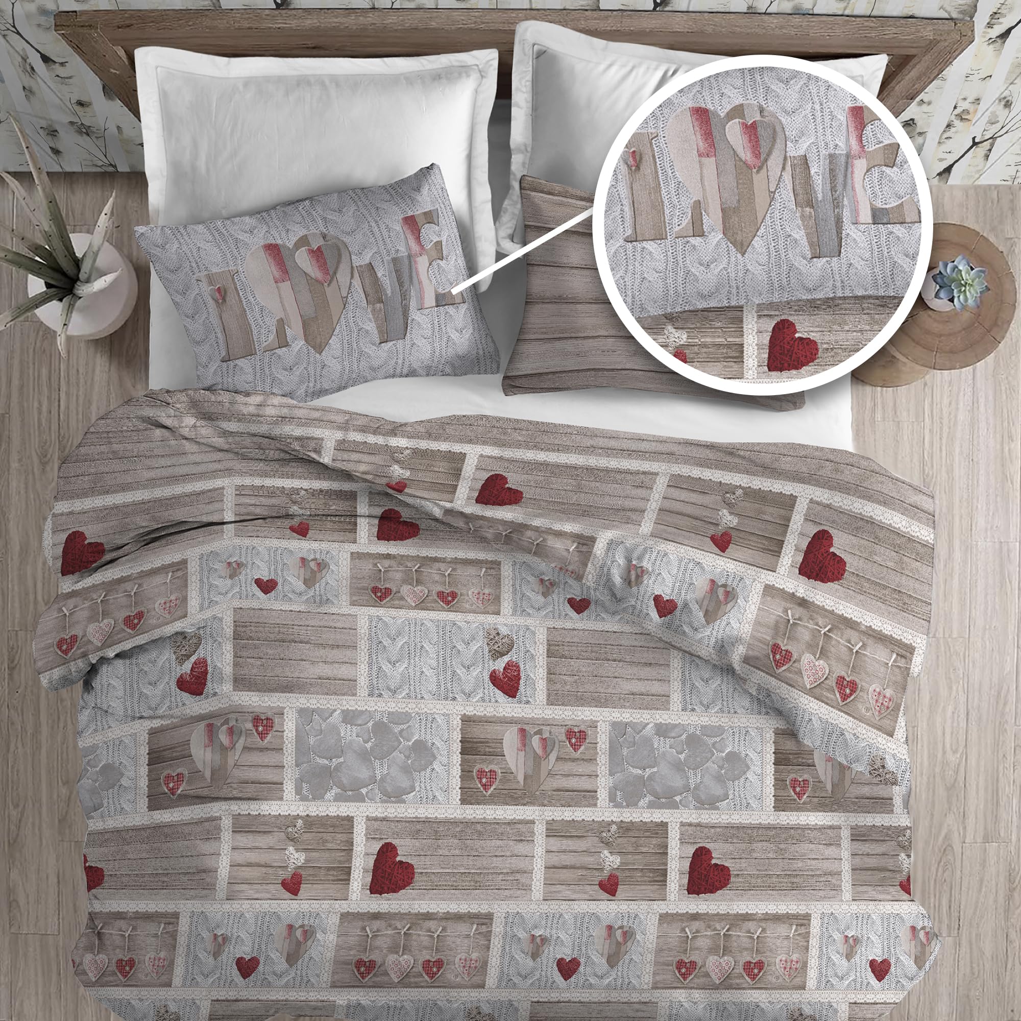PENSIERI DELICATI Duvet Cover, Cotton, Shabby in Love Red, Queen-Size Bed - Image 2