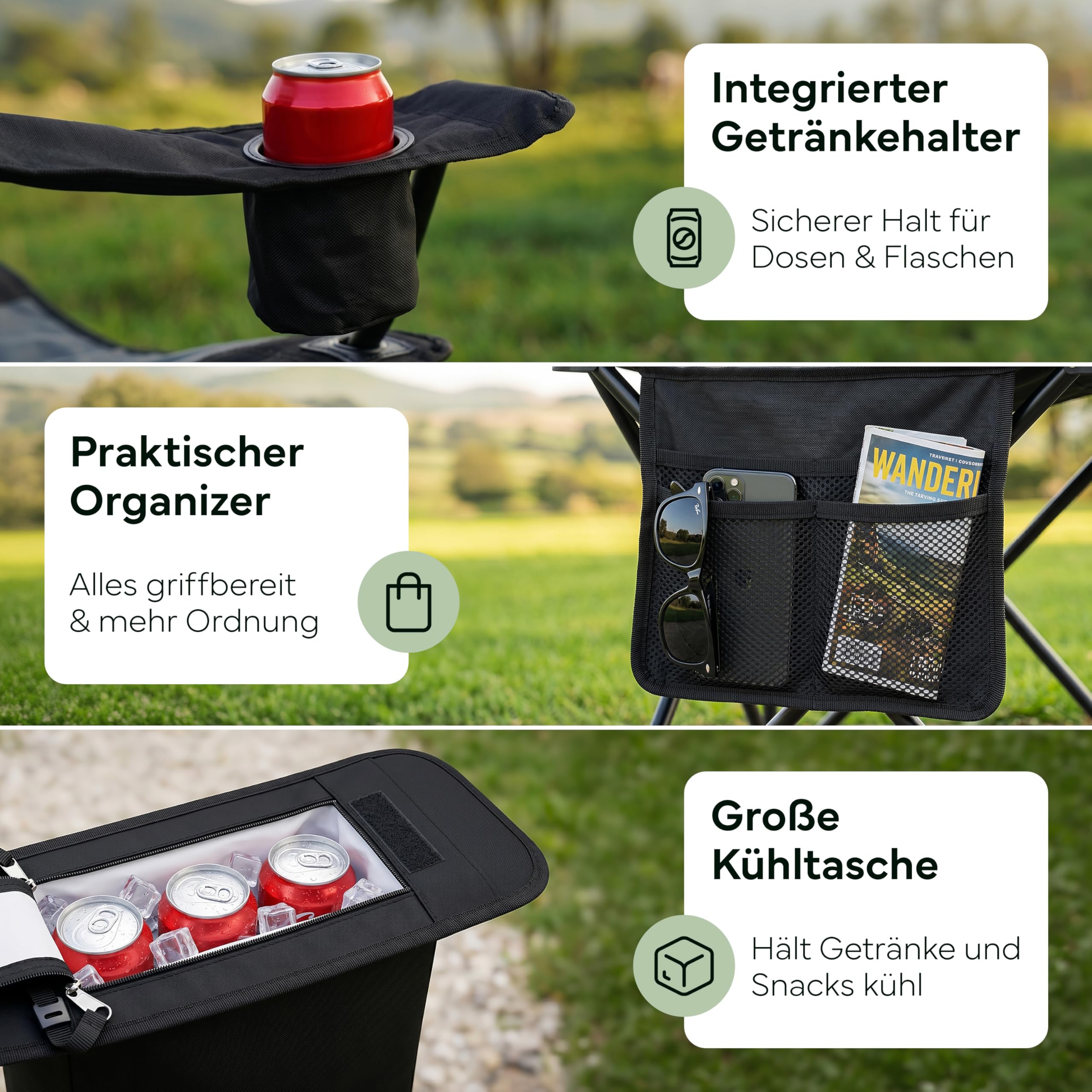Campingstuhl faltbar bis 250 kg – Stabiler Klappstuhl Camping mit Kühltasche & Getränkehalter – Premium Polsterung & XXL Sitz – Robust & Bequem – Angelstuhl Gartenstuhl inkl. Tragetasche