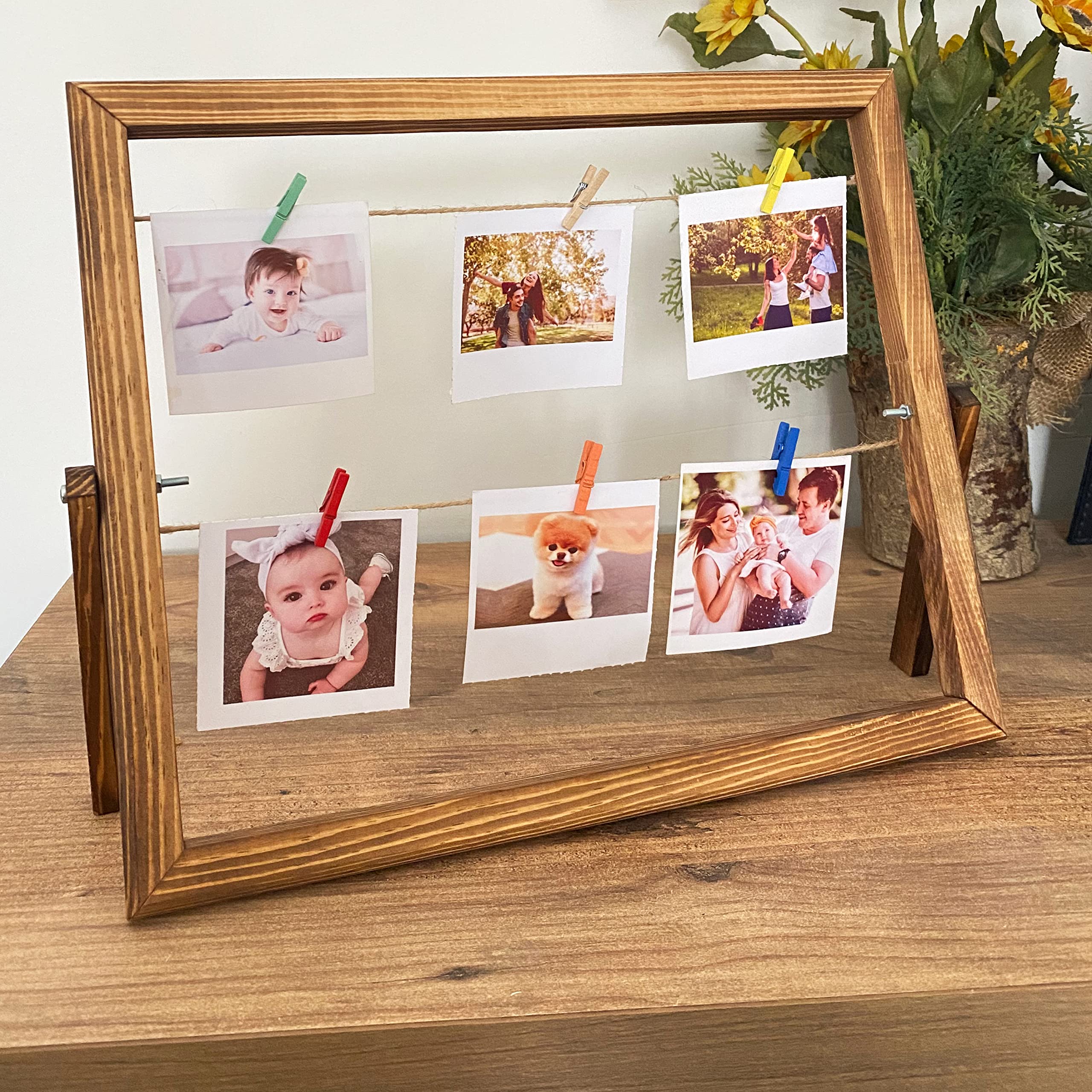 Pixomixo Girls Natural Wood Instant Photo Frame For Desk - Holds Photos Or Polaroid Film By Fujifilm Kodak Instax Mini - Photo Frames Multiple Pictures With Pegs & Fairy Led Lights, Personalised Multi Photo Frame (Small,25X32cm)