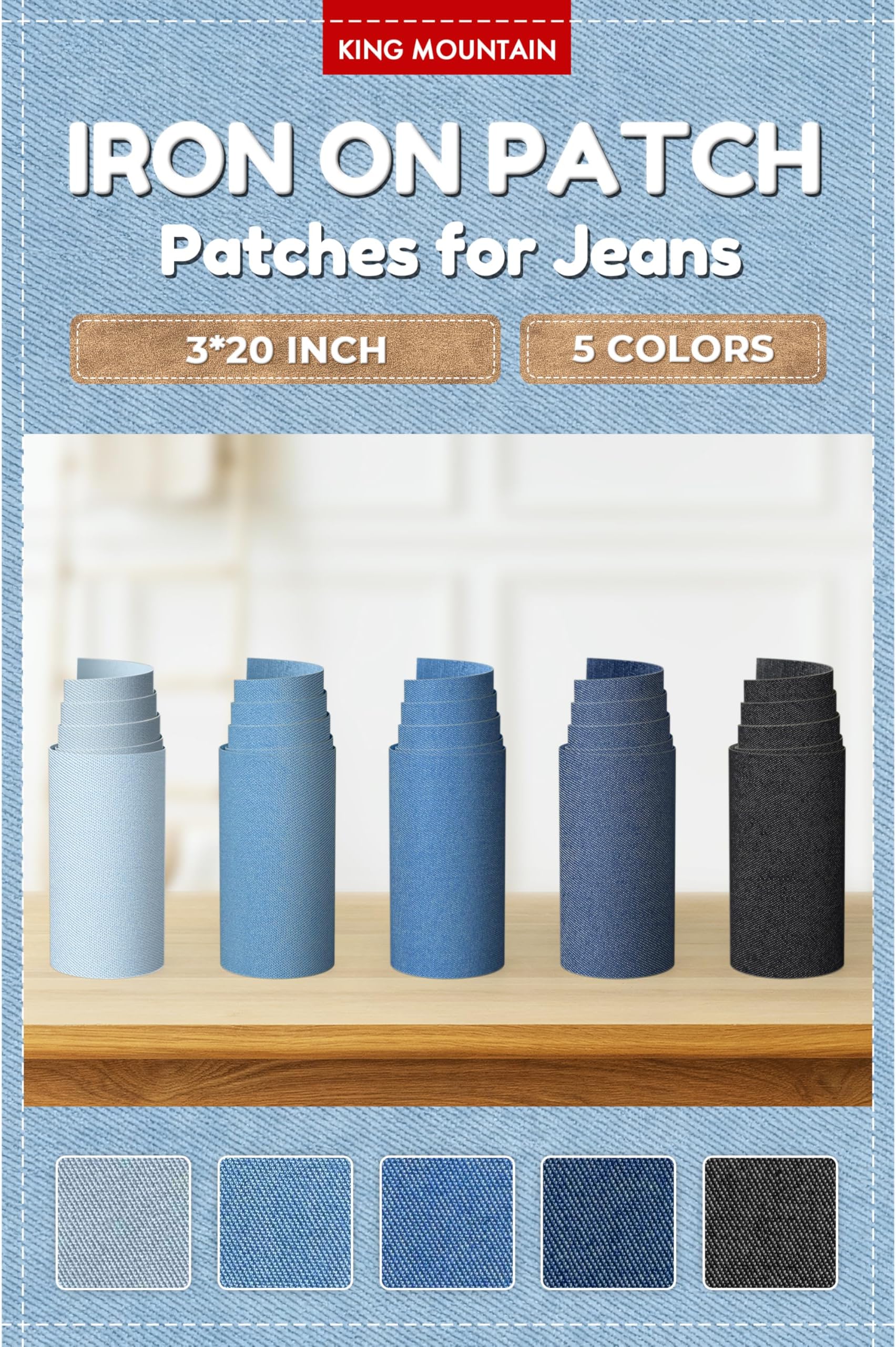 KING MOUNTAIN Iron on Patches for Jeans, 5Rolls Denim Patches for Inside&Outside Jeans, Iron on Repair for Clothes, Jeans,Denim Kit Decoration 3"x 20"