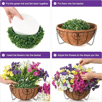 HyeFlora Artificial Fall Hanging Flowers with Basket Faux Plants for Outdoors, Fake Silk Morning Glory with Eucalyptus in Planter UV Resistant Outdoor Flowers for Outside Porch Patio Garden Home