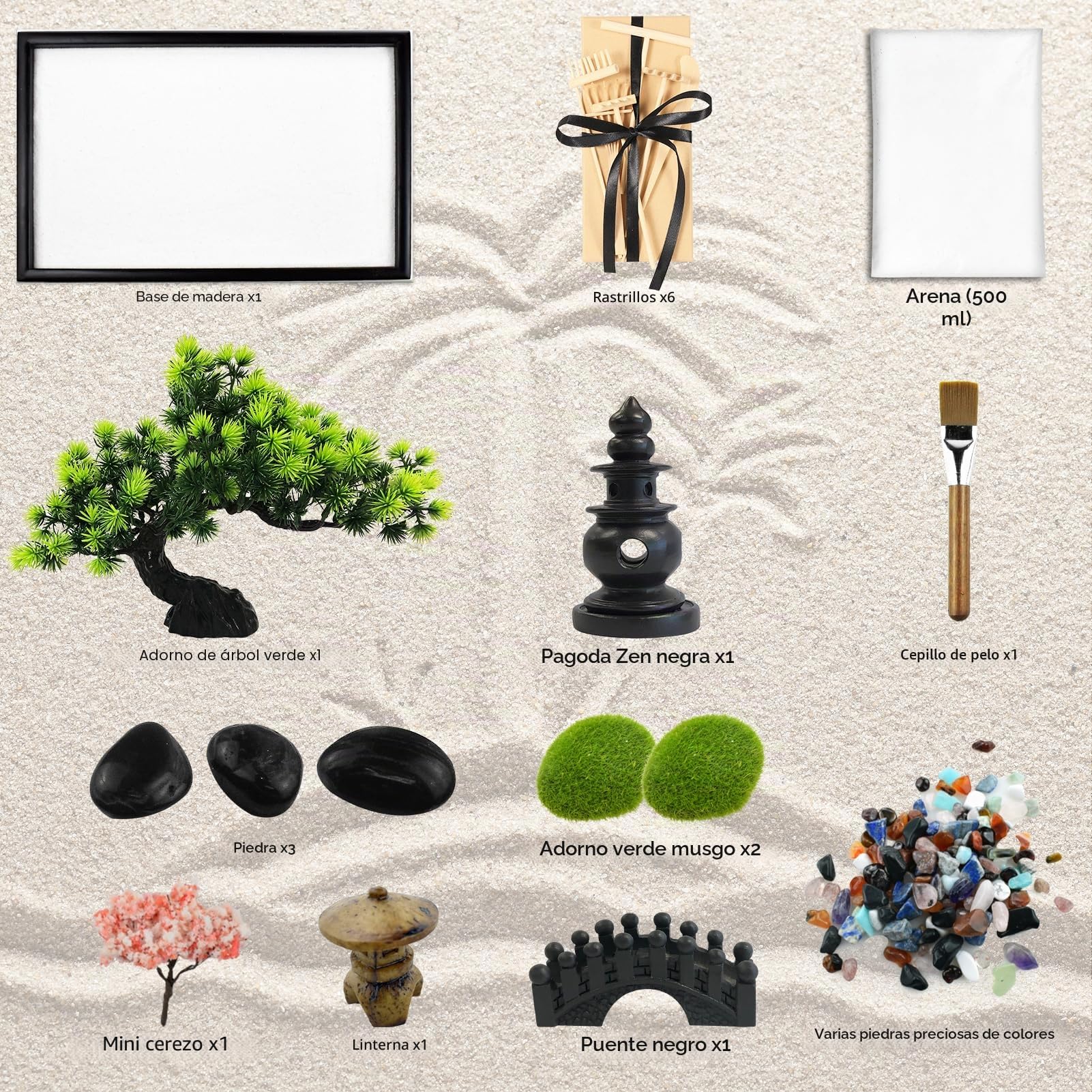 Artcome Jardín de arena Zen japonés para escritorio, hogar, oficina, bandeja de terapia de meditación hecha a mano, herramienta de relajación y meditación consciente para aliviar el estrés, juego de