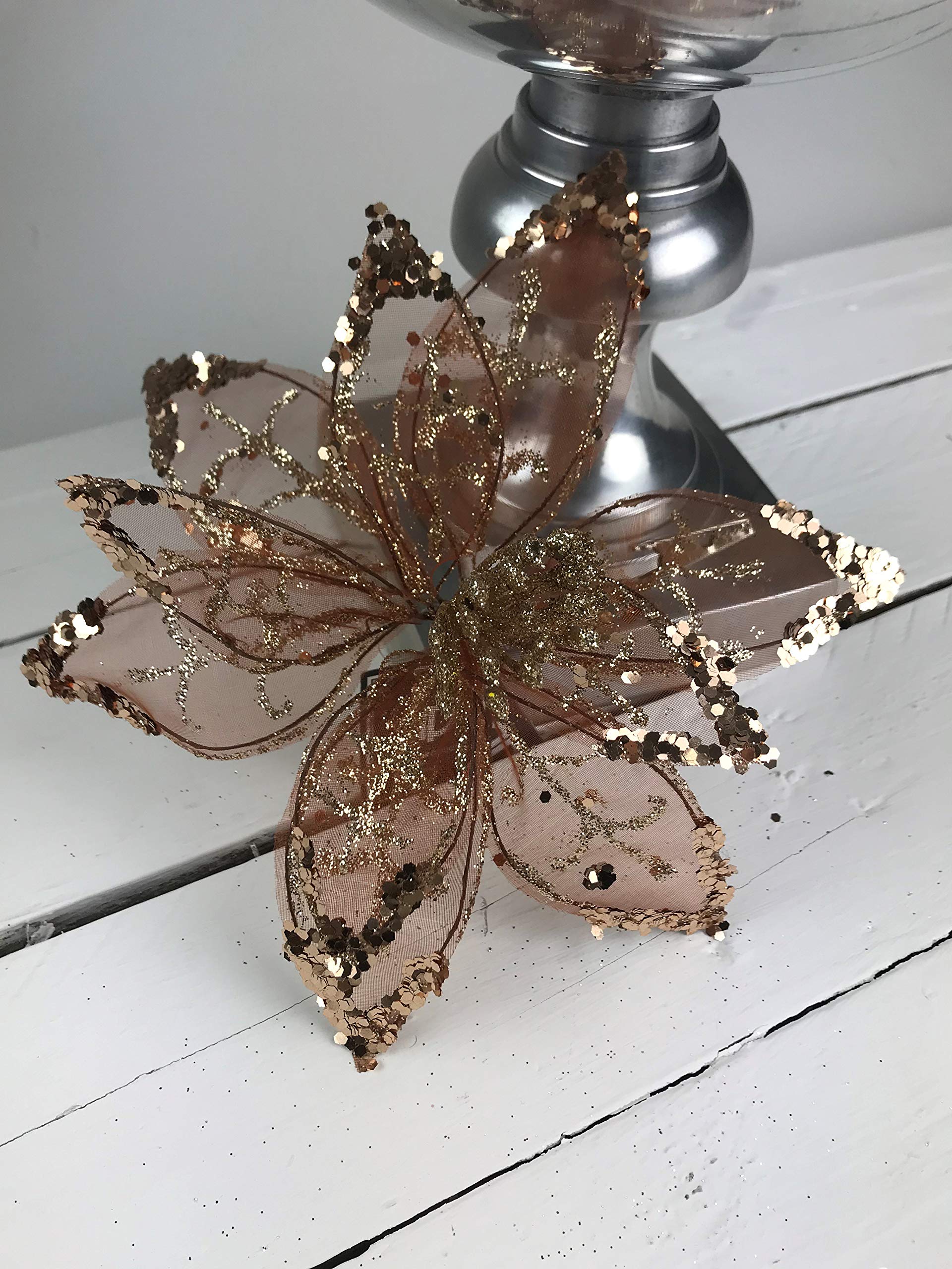 Davies Rose Gold Products Ltd 20Cm Sheer Mesh & Glitter Clip On Poinsettia Flower In