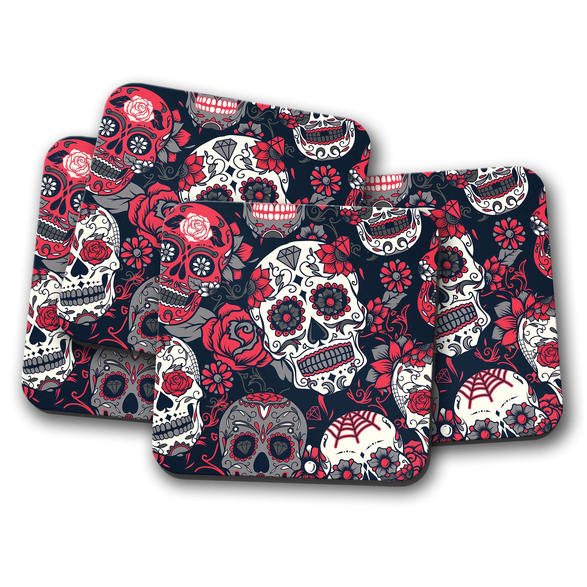 4 Set - Red Rose Sugar Skulls Coaster - Skull Teen Girls Sister Fun Gift #14215 — image 1