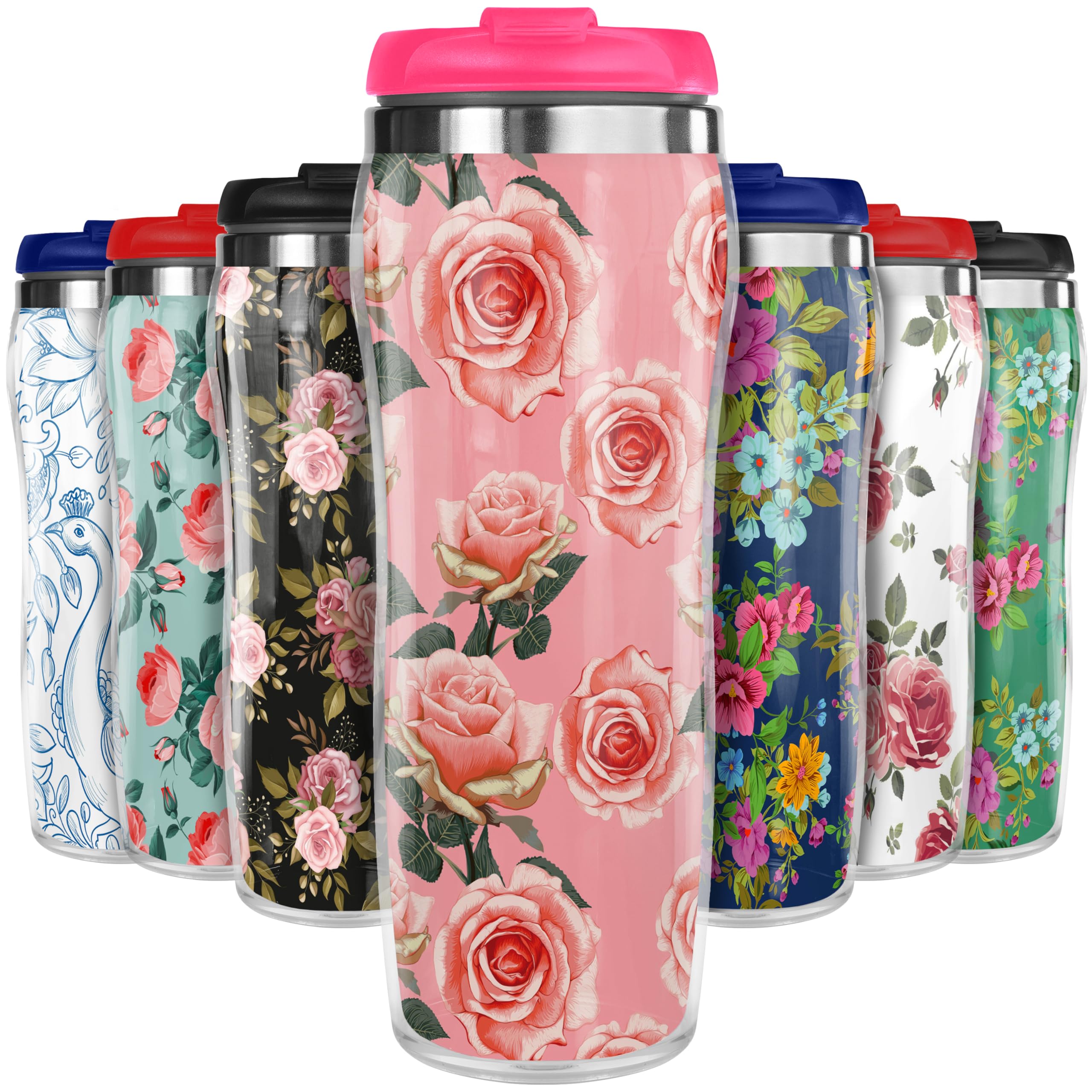 Pixly® Vintage Pink Roses Thermal Travel Mug Coffee Tea Flask, 400ml/14oz Capacity, Flower, Floral Pattern - Vintage Pink Nostalgia