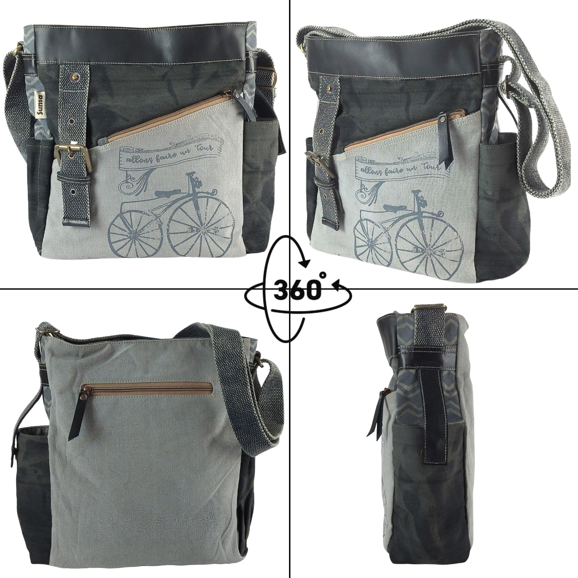 Sunsa Damen Umhängetasche.Fahrradmotiv Schultertasche, grau/schwarz Tasche | Canvas & Leder Handtasche, Vintage Damentasche mit viel Fächer & verstallbare Henkel. Große Crossover Damentasche