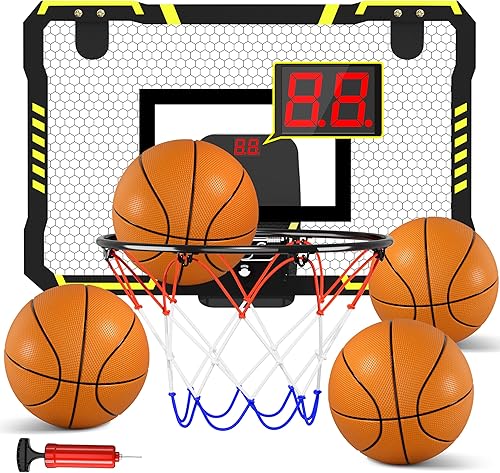 Aro de baloncesto para interiores, mini aro de baloncesto con 4 bolas y marcador electrónico para niños y adultos, juguetes de baloncesto para niños