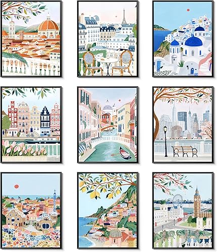 Juego de 9 pósteres vintage de ciudades de viaje, decoración de pared de paisaje moderno y colorido de Europa, Italia, ciudades, lienzo para sala de