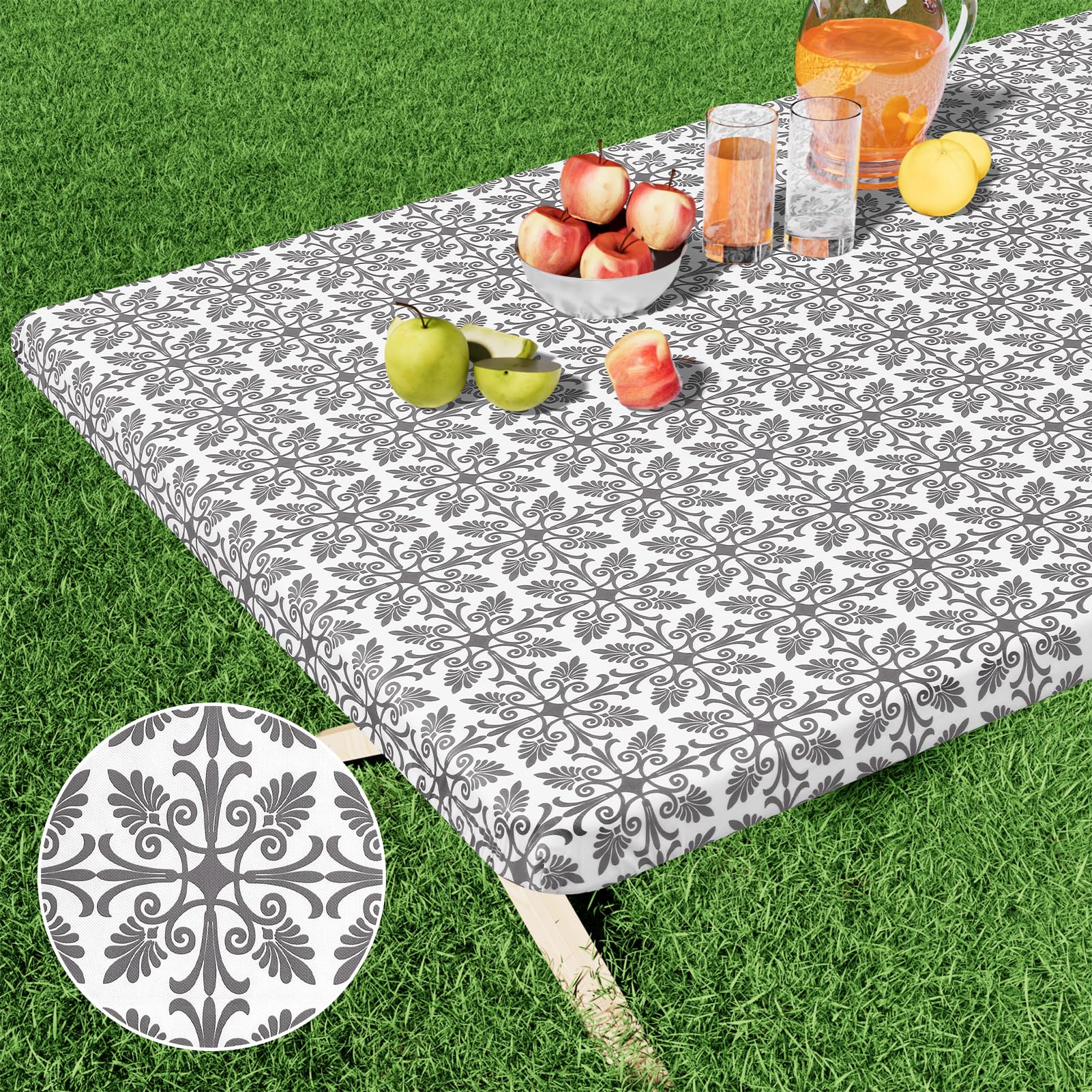 misaya Rectangle Vinyl Table Cloth, Elastic Fitted Flannel Backed Tablecloth, 100% Waterproof Plastic Table Cover Fits 4 Foot Folding Tables for Picnic, Camping, Outdoor (Grey, 24" x 48") — image 1