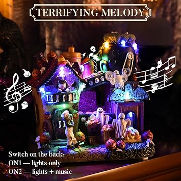 Valery Madelyn Halloween Decorations, Lighted Halloween Village Houses with Music and LED Lights, Resin Haunted House Spooky Town Scary Candy Factory for Home and Party Table Desk Mantel, 8 Inch