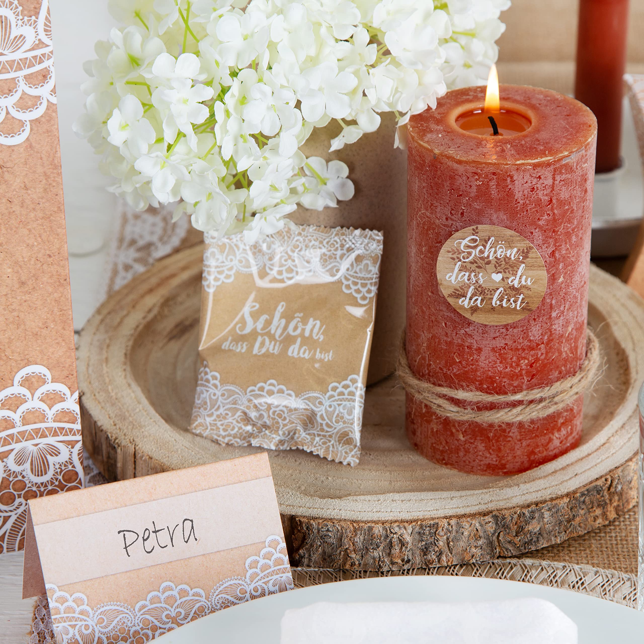 50 Segnaposto Tavolo Con Pizzo | Carta Kraft Beige Per Matrimoni, Battesimi, Lauree | Stile Shabby Chic - Foto 10