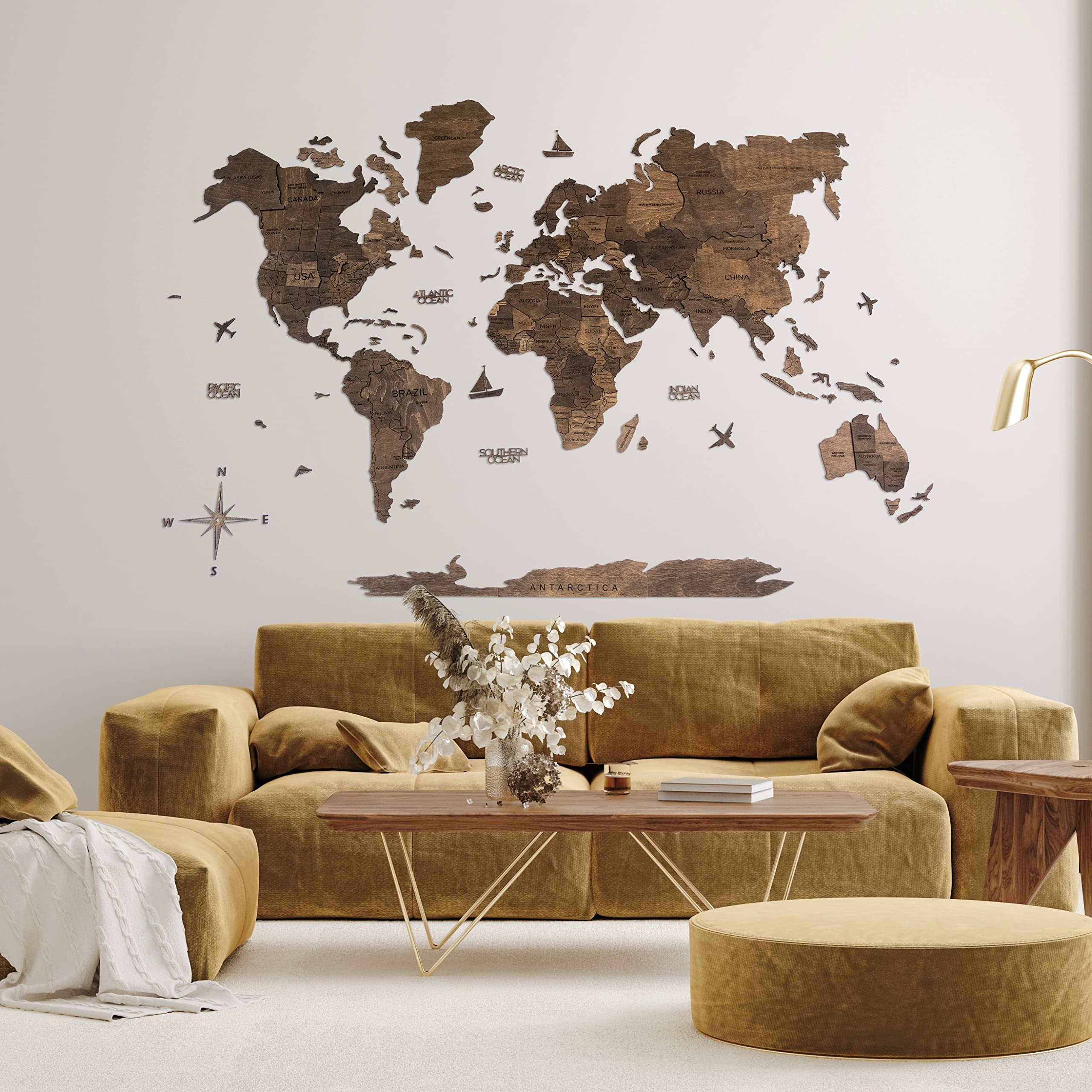 3D Wood World Map Wall Art Large Wall Decor - World Travel Map All Sizes (M L XL) Any Occasion Gift Idea - Wall Art For Home & Kitchen or Office (Large, Dark Walnut)