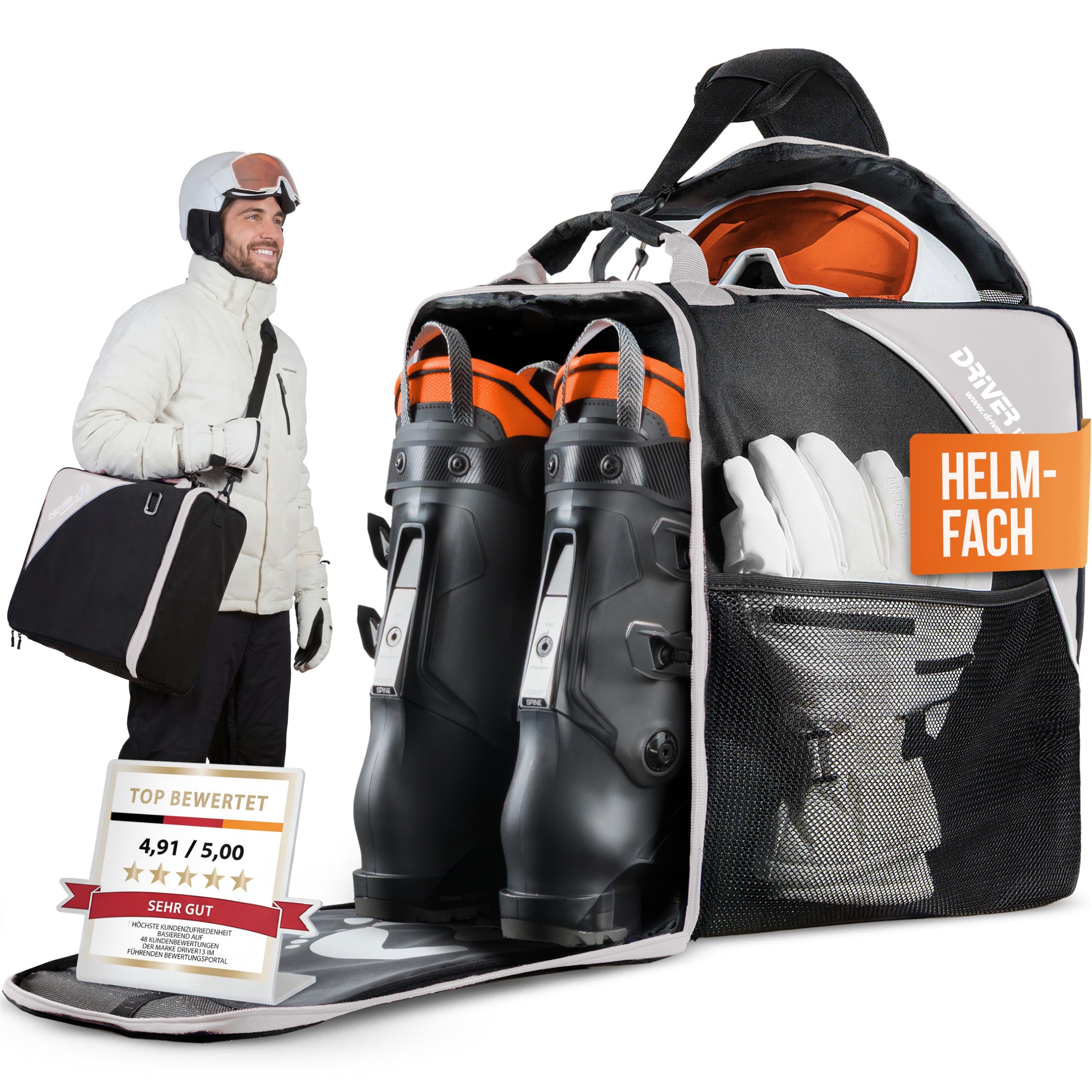 Driver13 ® Bolsa para Botas de Esquí con Compartimento para Casco, Negro-Gris