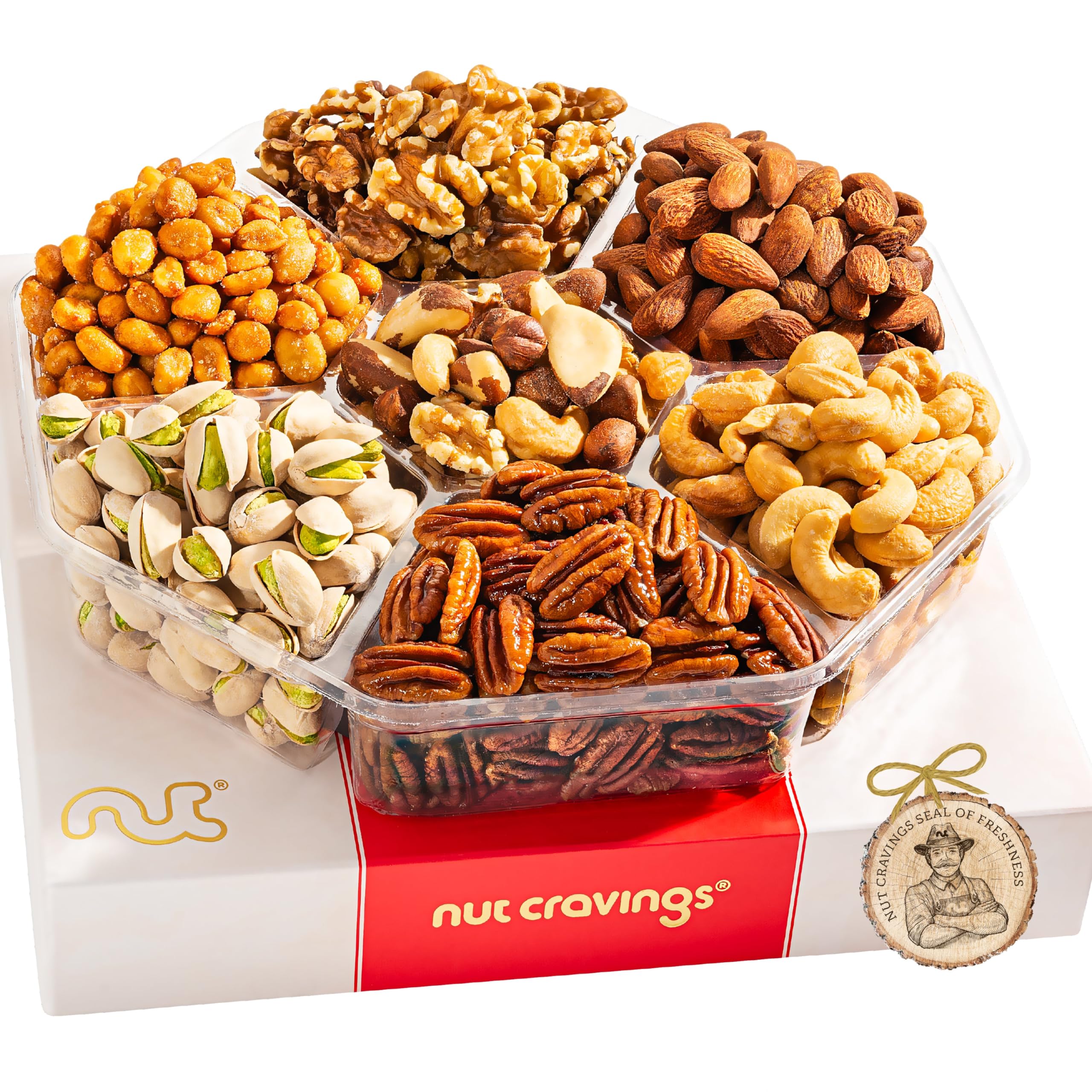 NUT CRAVINGS - Mixed Nuts Gift Basket in Red Gold Box (7 Assortments, 2 LB) Food Arrangement, Healthy Snack Care Package, Food Assortments