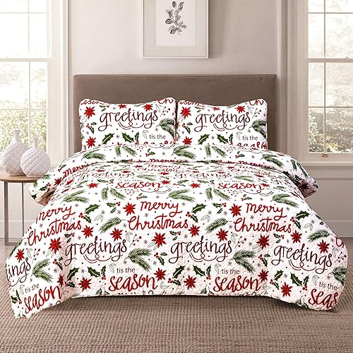 HowPlum Christmas Cheer Winter Script - Juego de ropa de cama ligero para vacaciones, color rojo, verde y blanco