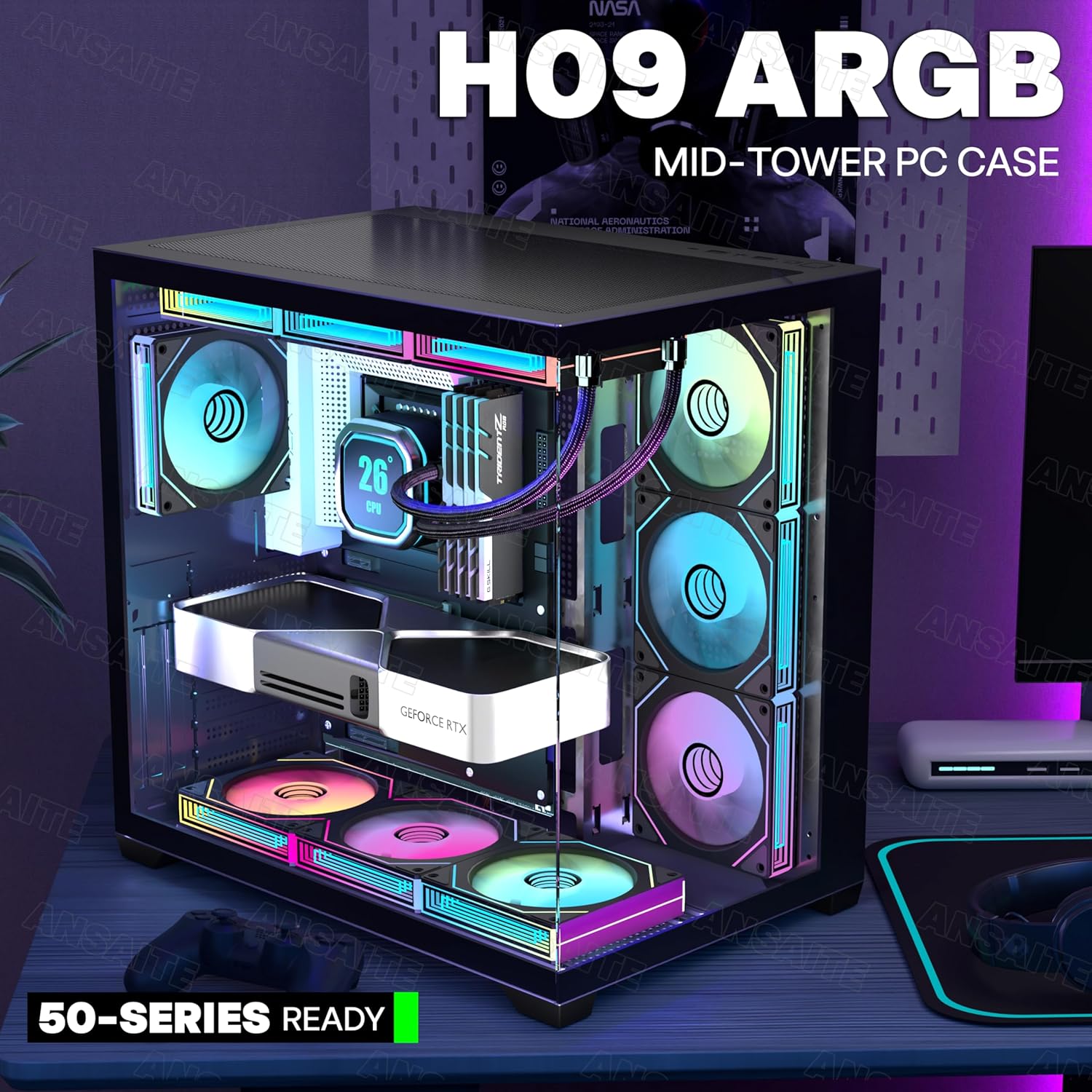 Front view of the ANSAITE H09 PC case with internal components and ARGB fans illuminated.