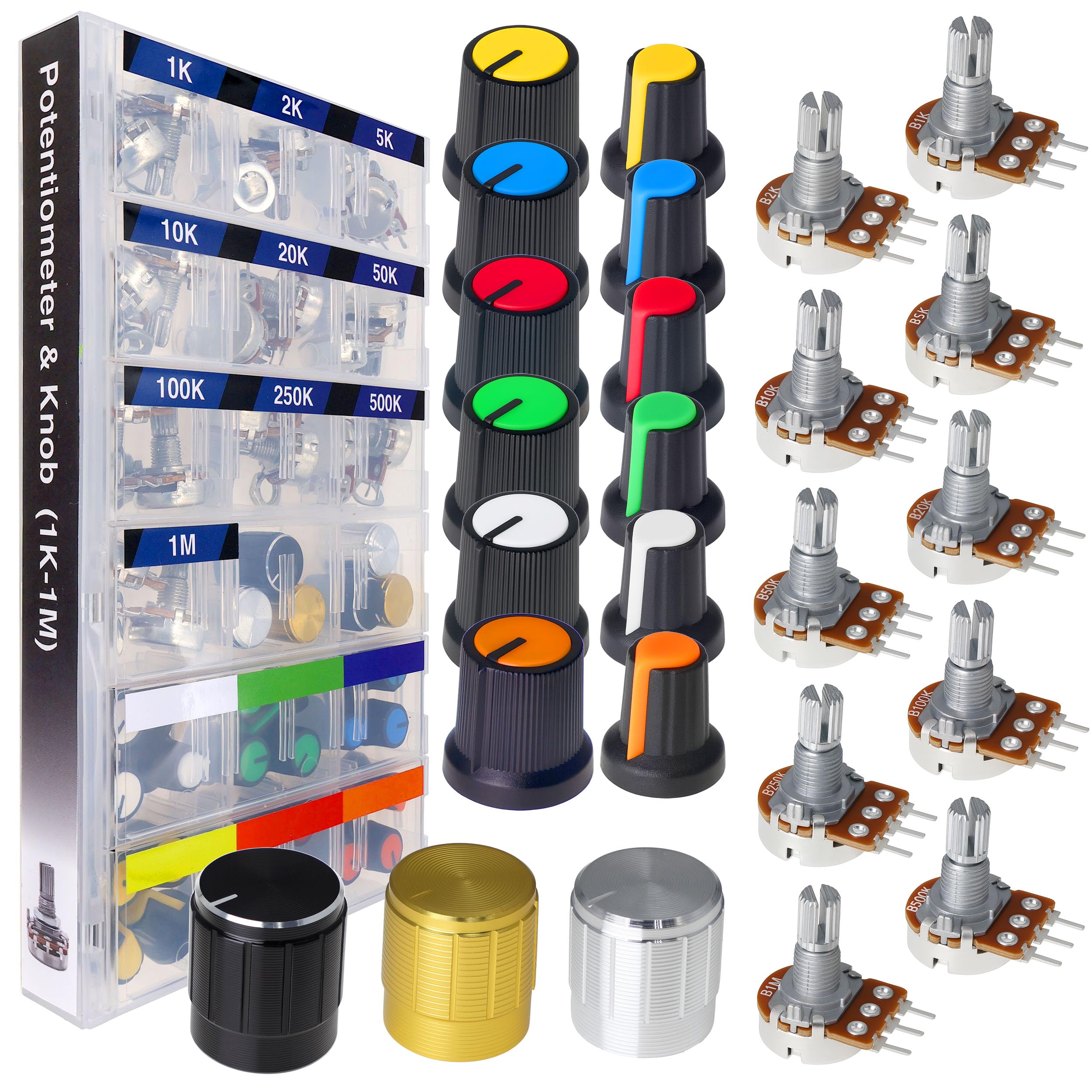 EEEEE 84pcs WH148 Potentiometer Kit 1K 2K 5K 10K 20K 50K 100K 250K 500K 1M K Ohm 15mm Shaft Single-Joint Linear Potentiometers 3Pins Set Variable Resistors with Knob Plum Cap Aluminum Alloy Knobs-image-46
