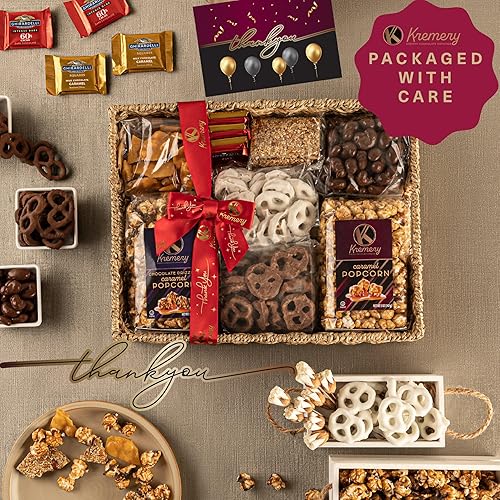 Miniatura 27 de KREMERY - Cesta de regalo de chocolate cremoso Diwali, cesta de regalo de pretzels y palomitas de maíz con caramelo, en bandeja de pasto marino +