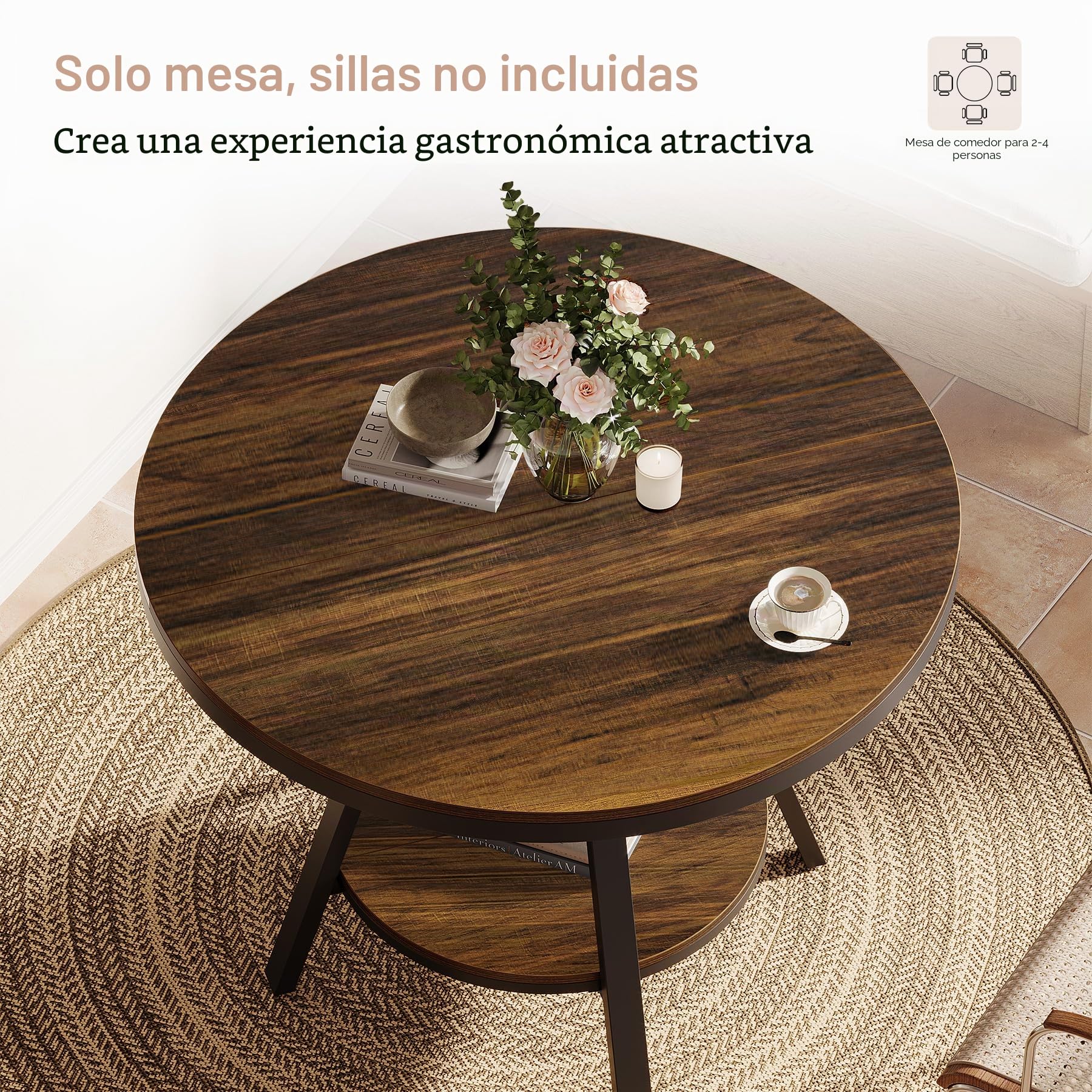 Tribesigns Mesa de Comedor Industrial Redonda de Dos Niveles, Mesa de Comedor pequeña para Cocina para 2-4 Personas, Mueble de Cocina de Madera de 90 cm con Patas metálicas Resistentes, marrón