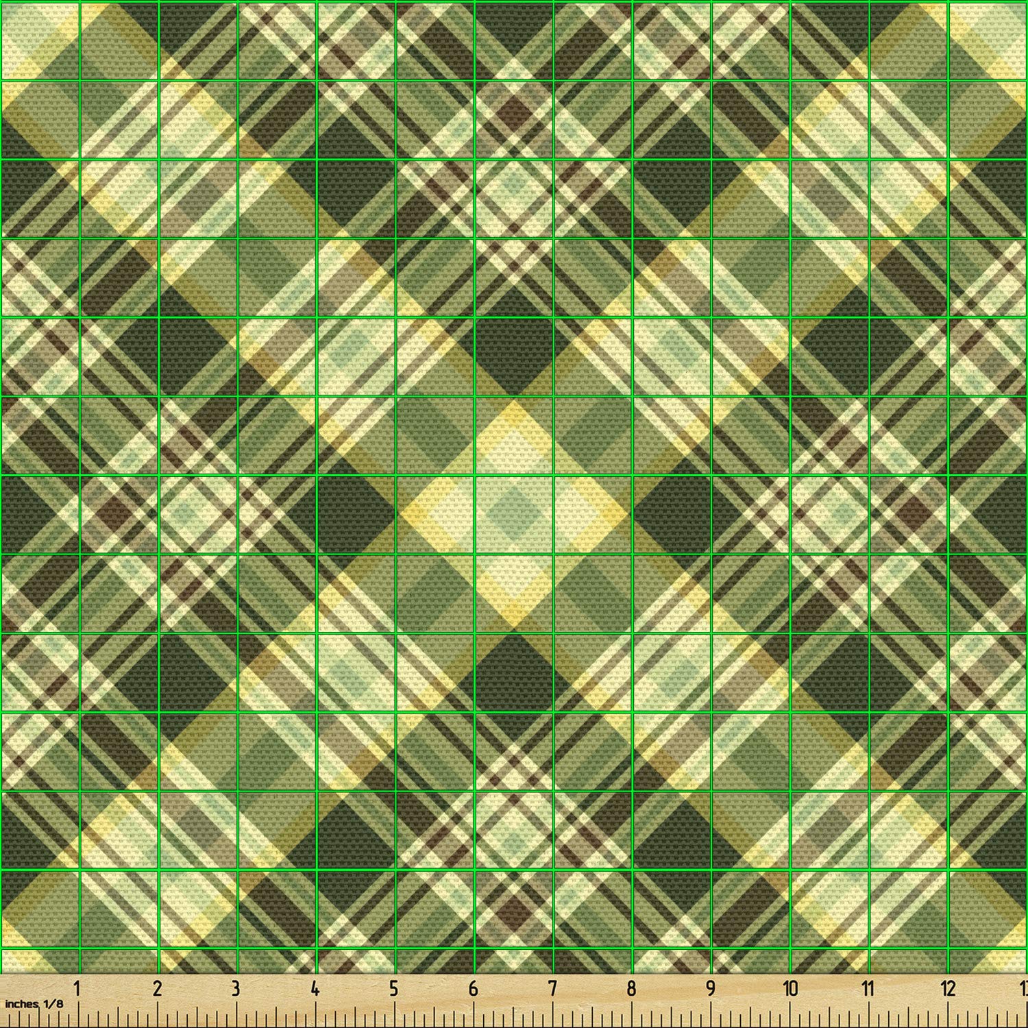 Ambesonne グリーンとブラウンの生地 ヤード別 斜めのチェック模様