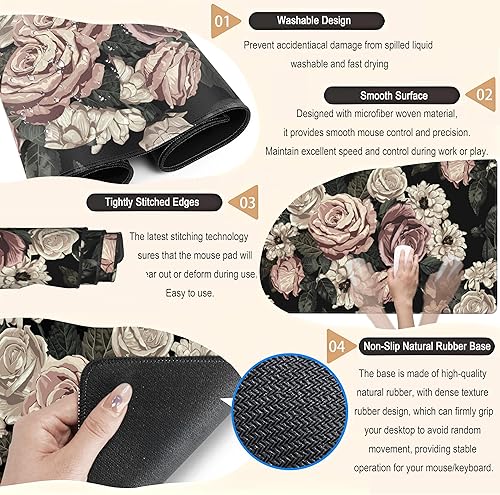 Miniatura 5 de Retro Rose Floral Desk Mat Vintage Flower Plant Mouse Pad XXL Large Gaming Mousepad Cute Desk Pad Computer Mat 31.5x15.75 in, Cool Desktop