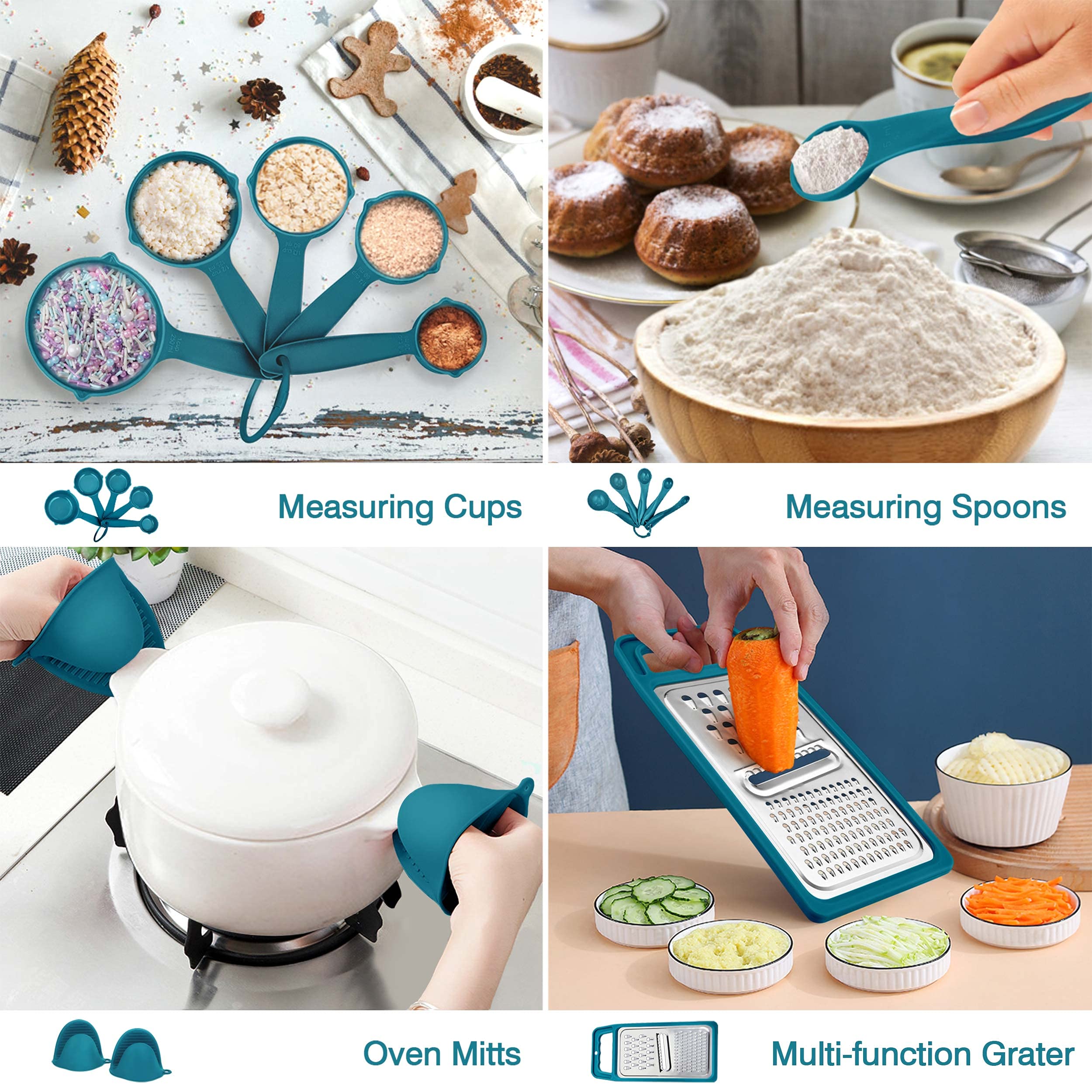 LIANYU 27-teiliges Küchenutensilien-Set mit Halter, Silikon-Kochutensilien-Set mit Edelstahlgriff, Küchenhelfer für Antihaft-Kochgeschirr-Set, hitzebeständig, blau