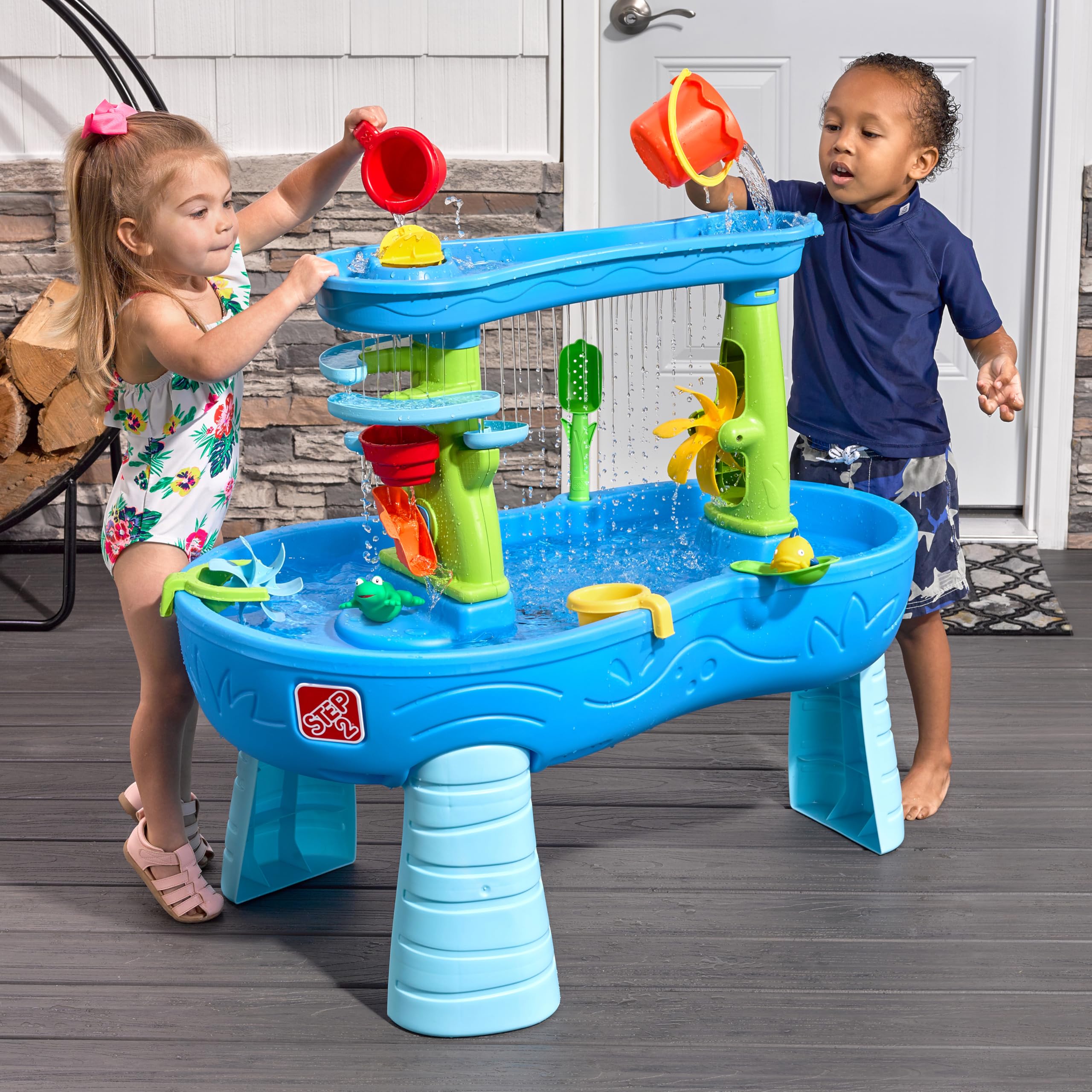 Step2 Double Showers Wasserspieltisch | Großer Wassertisch mit 11-teiligem Zubehörset | Garten Wasser Spieltisch für Kinder in Blau und Grün