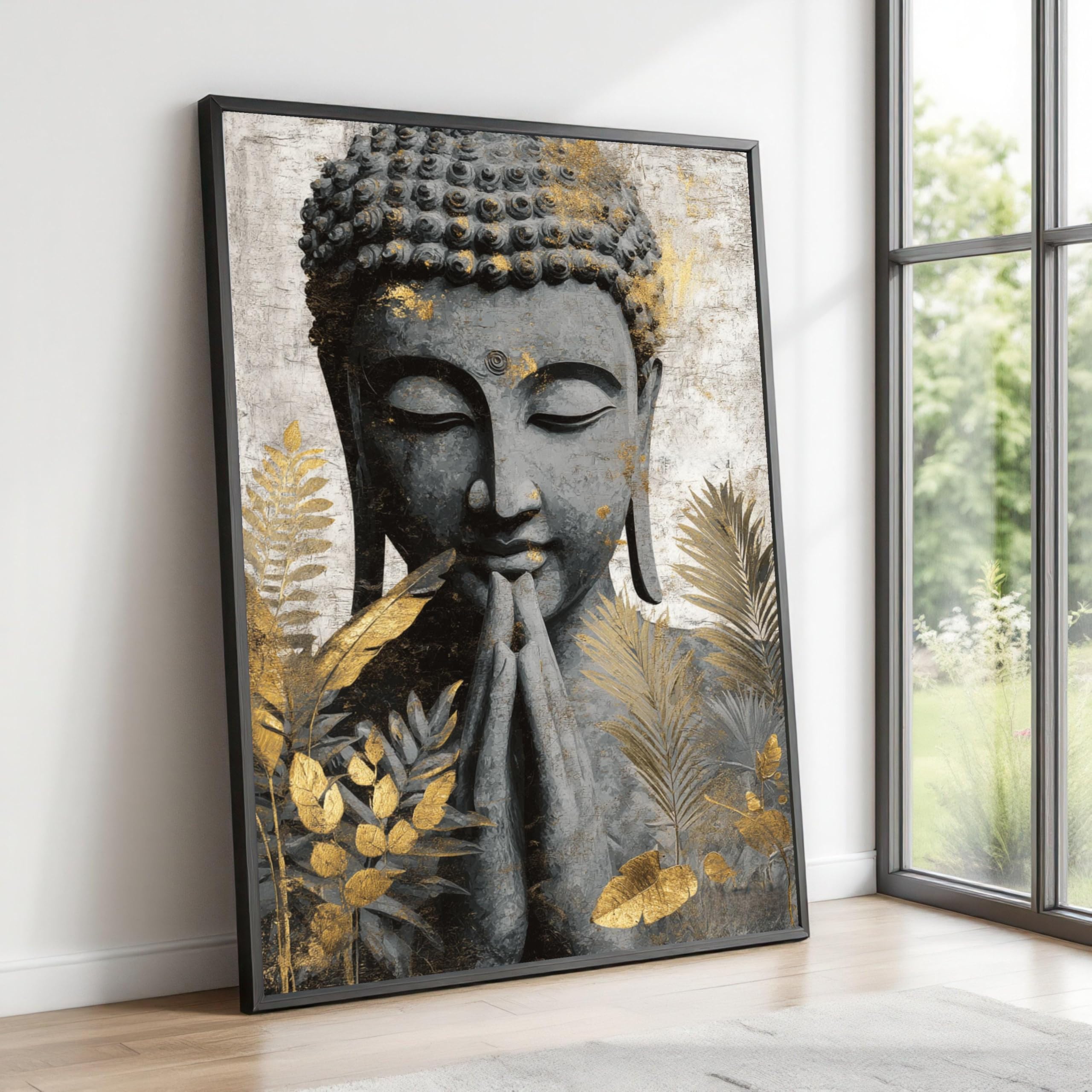 TONGYINLI Serene Buddha Canvas Wall Art, Praying Buddha Posters Print, Golden Leaves Canvas Painting, Zen Home Decor Artwork(80x120cm/Internal Frame)