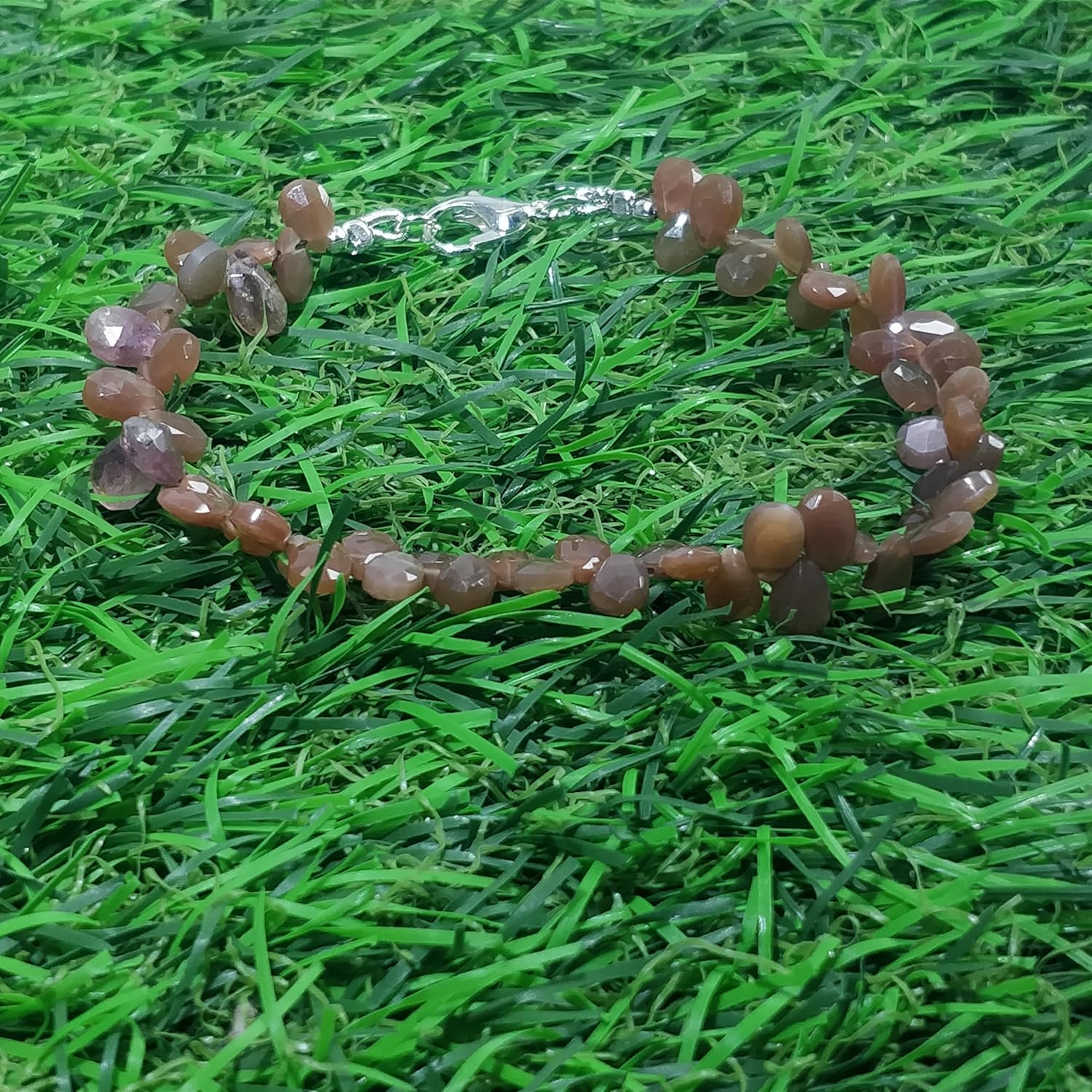 LKBEADS Natural chocolate moonstone gemstone 6x4 mm stacking bracelet | 7 inch | peach color, pear shape, faceted cut, stone | with silver plated clasp | handmade jewellry |LK_ESK_00083