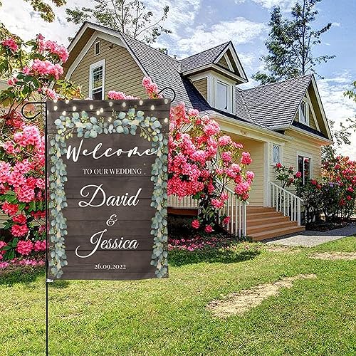 Miniatura 6 de Bandera de boda, 12 x 18 pulgadas, luces de madera personalizadas de doble cara, hojas elegantes, bandera de boda con nombre y fecha, señal de