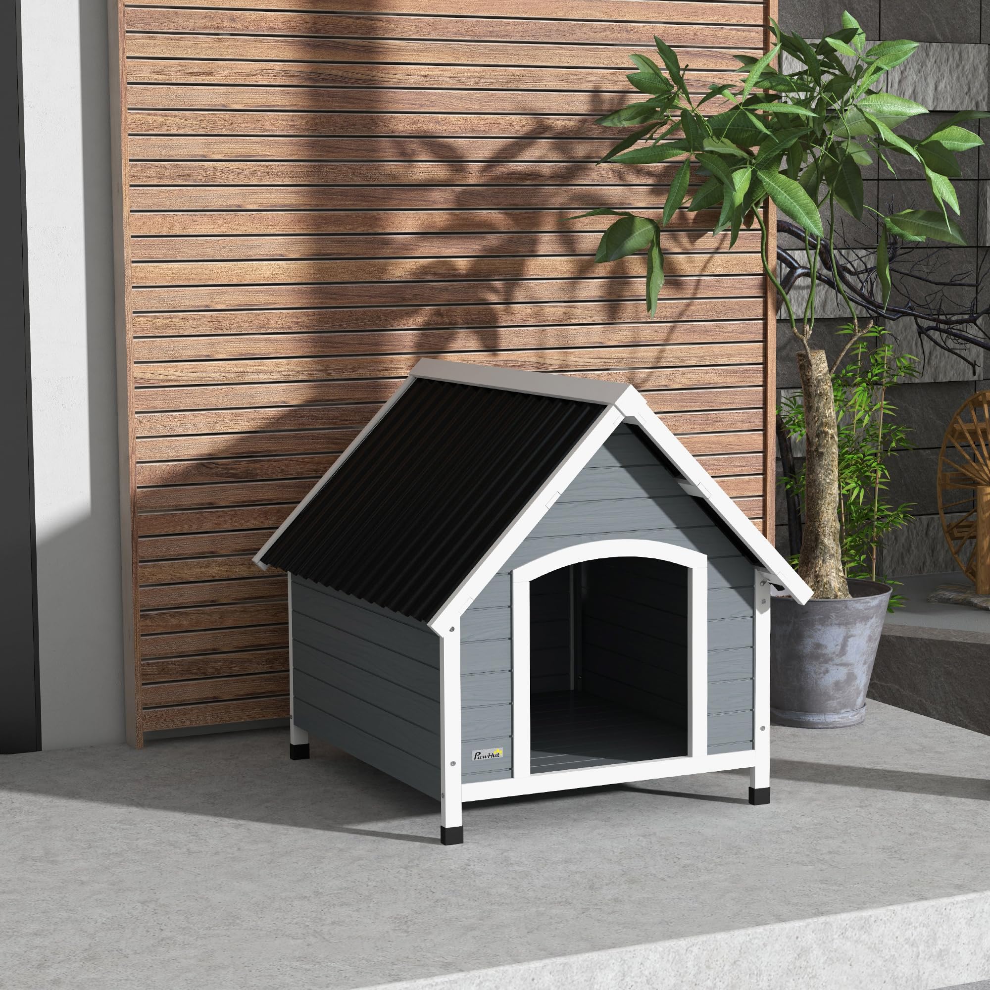 PawHut Niche pour Chien extérieure en Bois, Maison Chien avec Plancher Amovible, Pieds réglables, 84 x 99 x 87 cm, Gris
