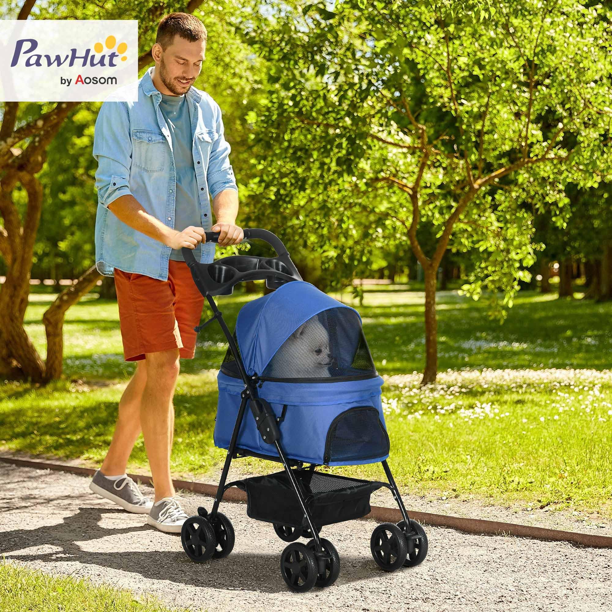 PawHut Poussette pliable pour chiens et chats jusqu'à 4 kg, Bleu | Poussette pour chien et chat, fenêtres en maille, panier de rangement, porte-gobelet