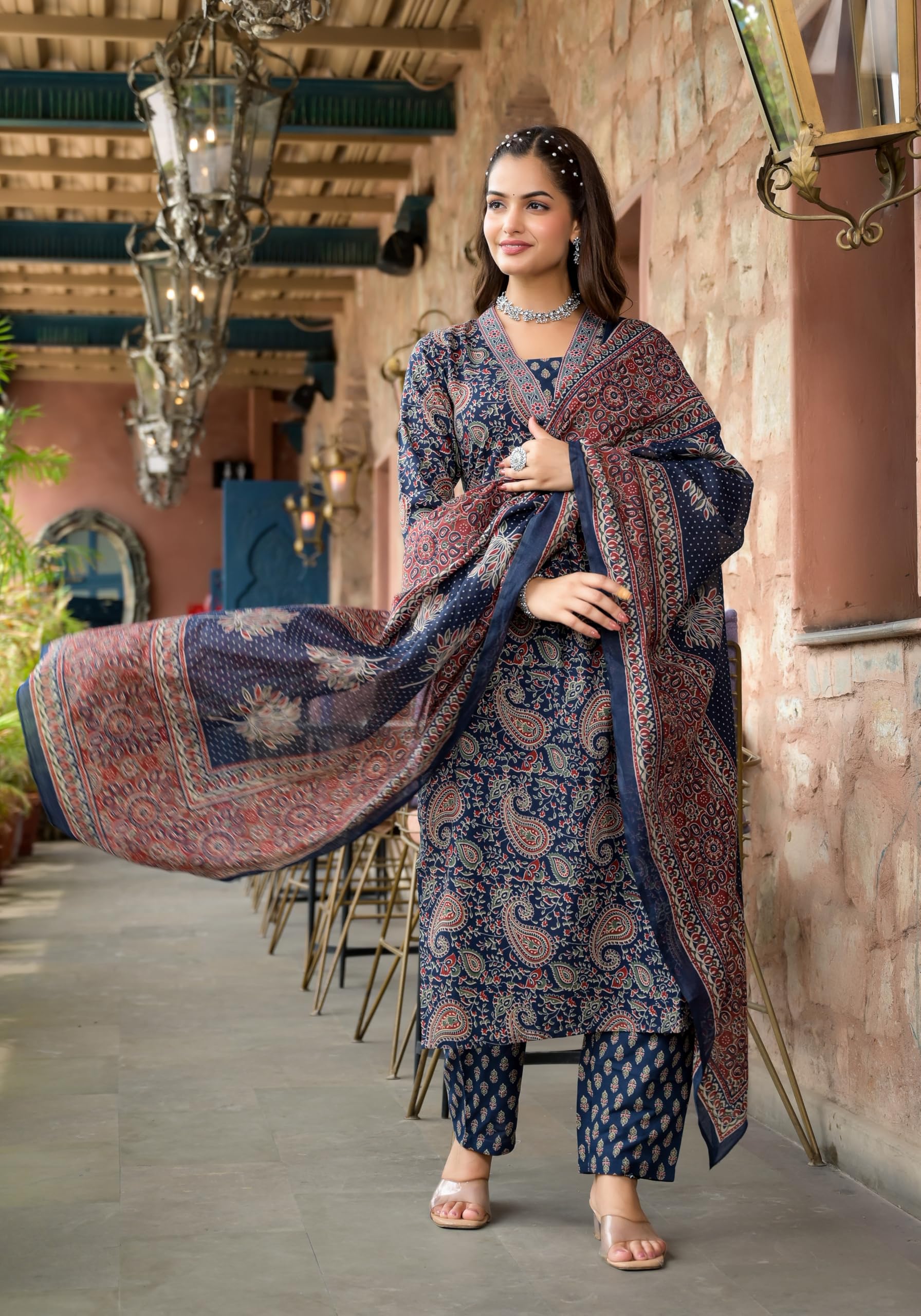 KLOSIA Viscose Women Printed Kurta Set And Pant With Dupatta (Medium) Blue 4